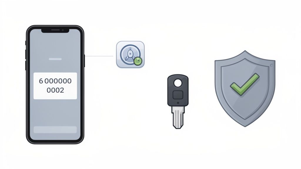 Illustration of online security with a phone showing a code, a physical key, and a shield.