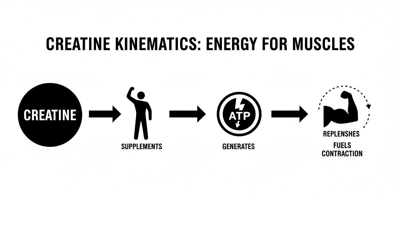 A flowchart illustrating how creatine supplements generate ATP to power muscle contraction for muscle energy.