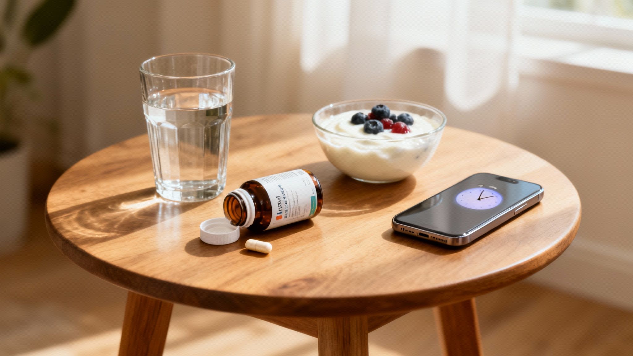 A morning scene with a glass of water, supplement bottle, yogurt with berries, and a phone on a wooden table.