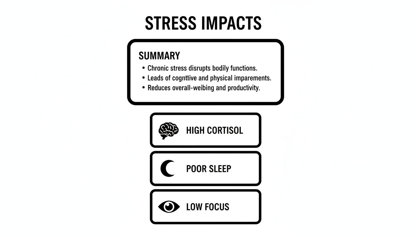 A diagram outlining the impacts of stress, including a summary, high cortisol, poor sleep, and low focus.