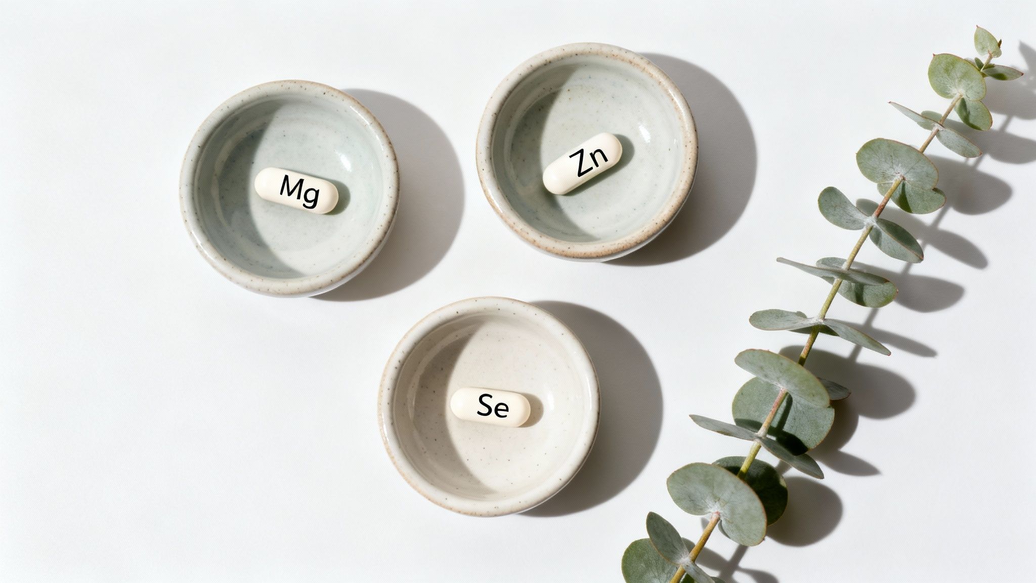 Leafy greens and nuts on a wooden table, representing sources of essential minerals