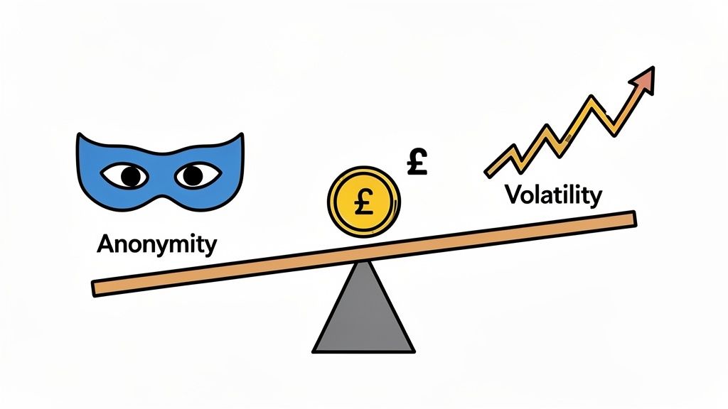 An illustration of a seesaw balancing anonymity, a pound coin, and volatility, with volatility being heavier.