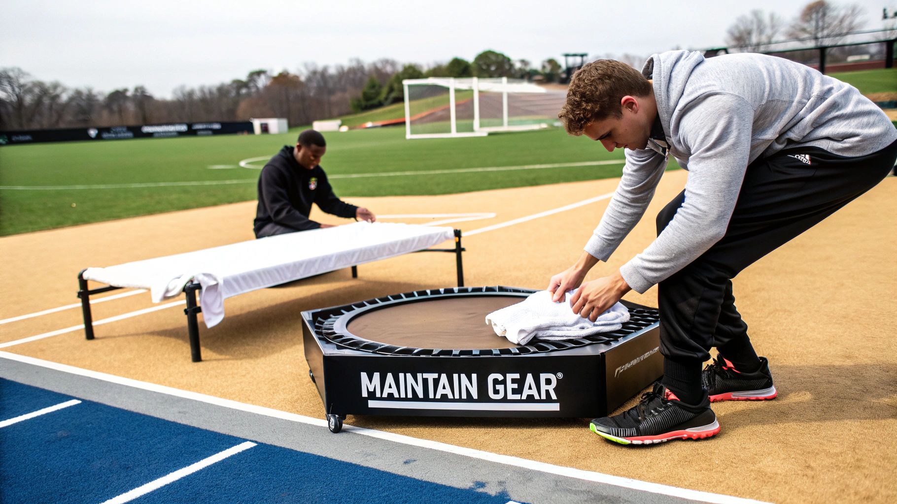 Two men set up athletic training equipment, including a 'MAINTAIN GEAR' trampoline and a cot, on a sports field.