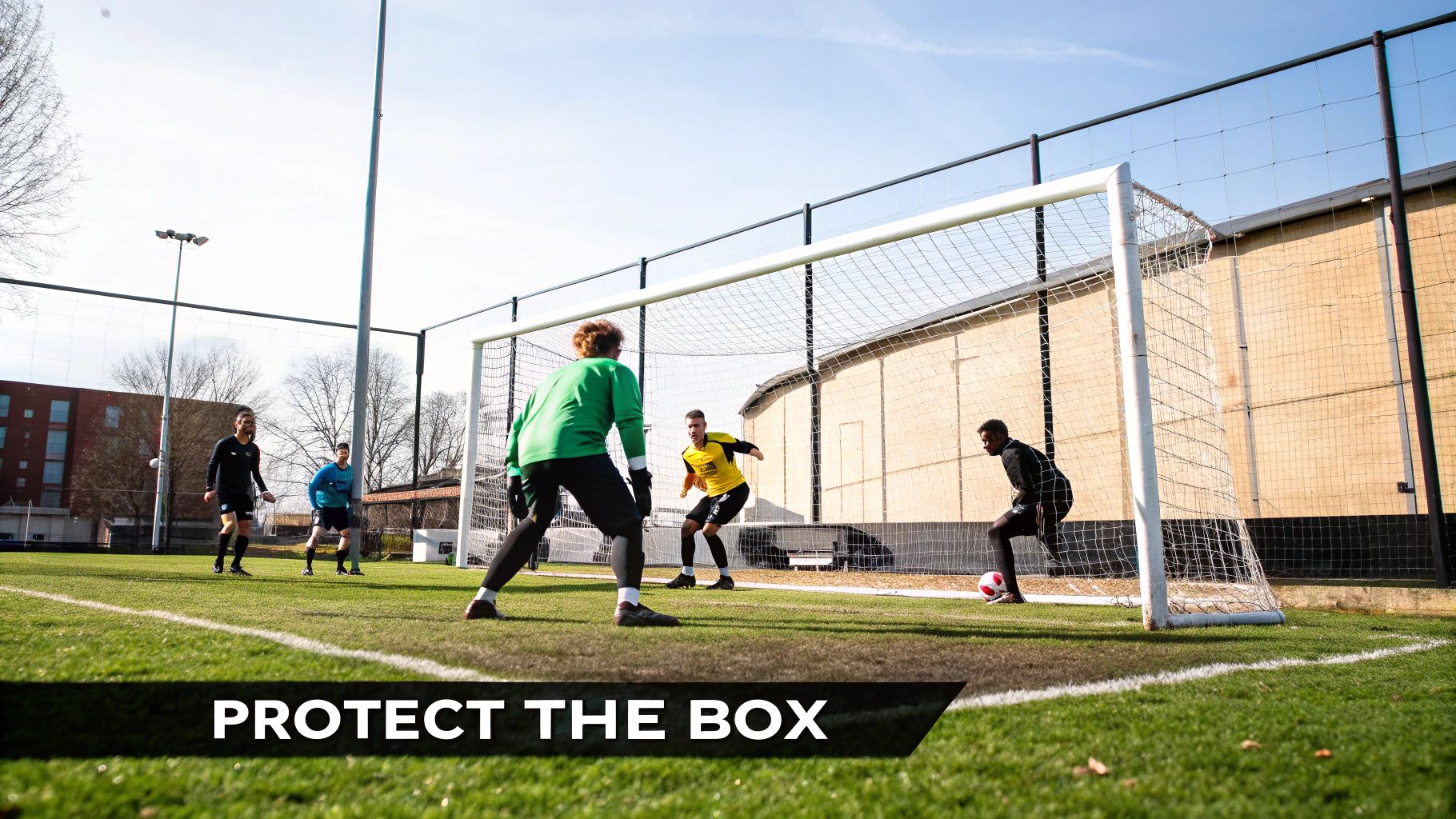 Men play soccer on a green field, with a goalkeeper defending the goal on a sunny day.