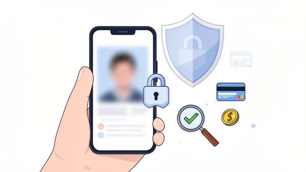 A hand holding a smartphone displaying a blurred profile, surrounded by digital security and payment icons.