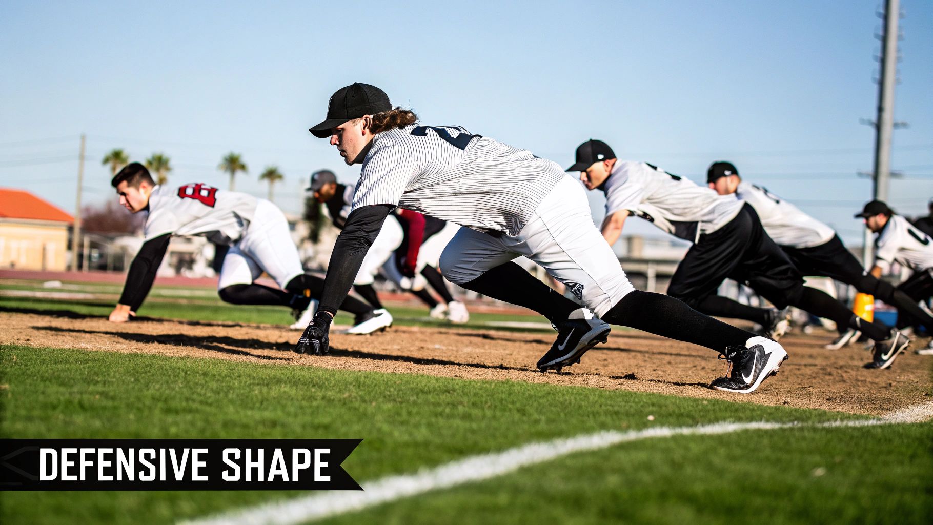 A soccer team in formation during a defensive drill, showing a cohesive unit.