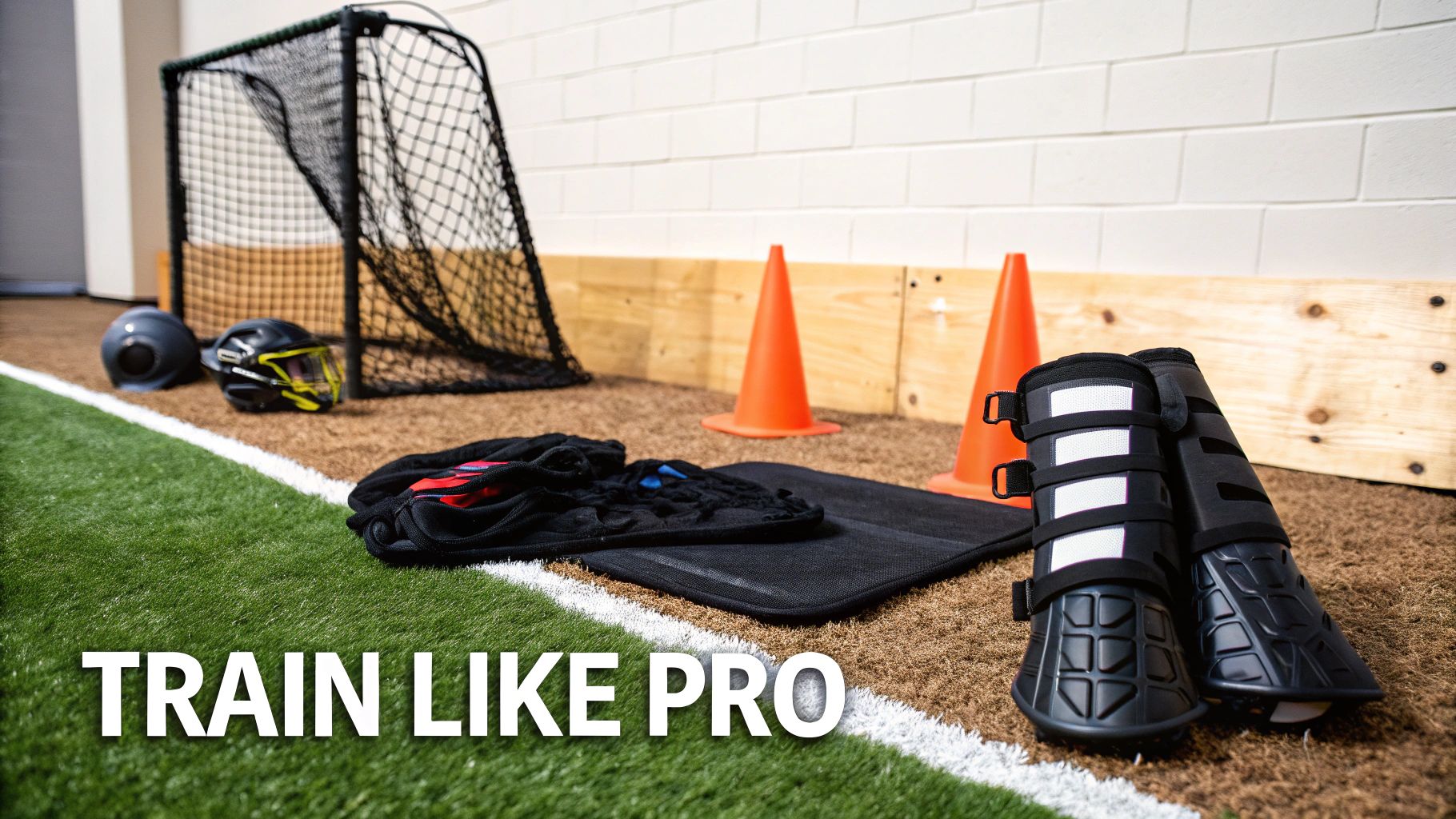 Professional sports training setup on turf with a goal, helmets, cones, and protective gear.