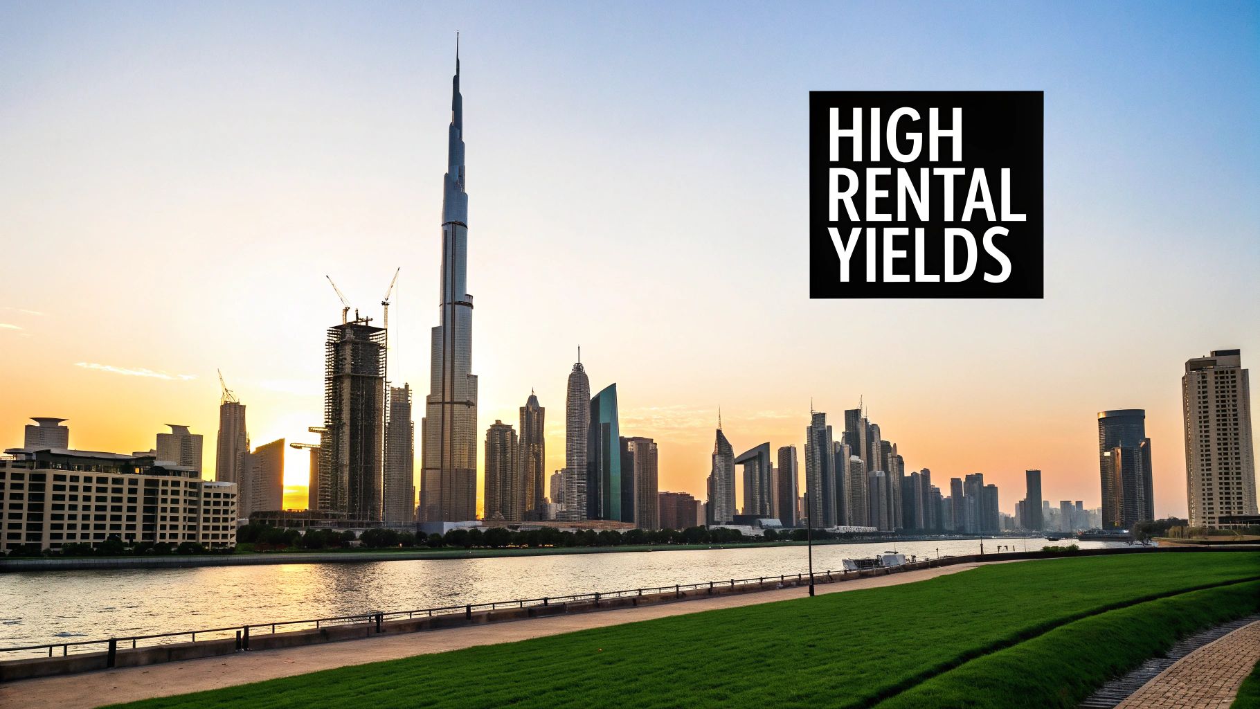 Dubai city skyline at sunset with the Burj Khalifa, a canal, and 'HIGH RENTAL YIELDS' text.