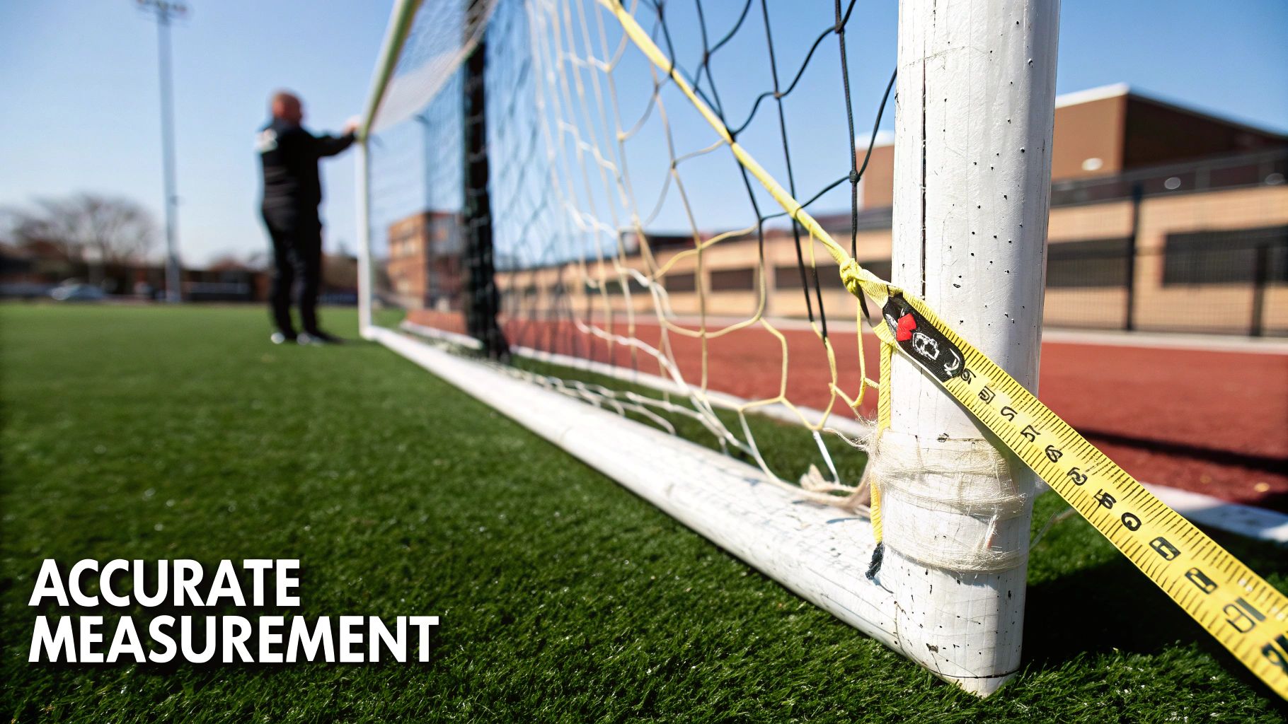 A diagram showing how to measure the height and width of a football goal accurately.