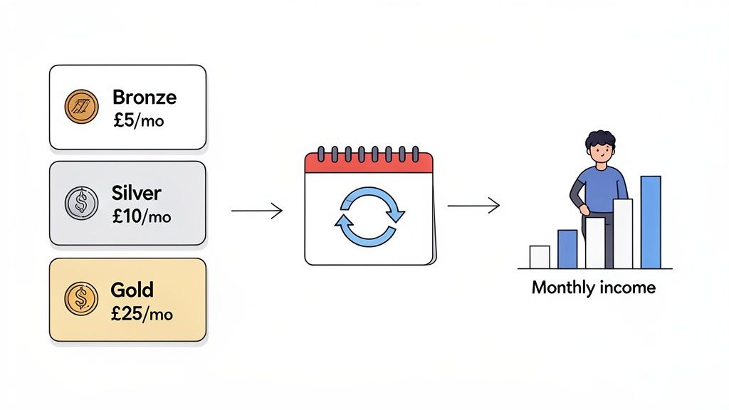Diagram illustrating how Bronze, Silver, and Gold subscription tiers lead to predictable monthly income.