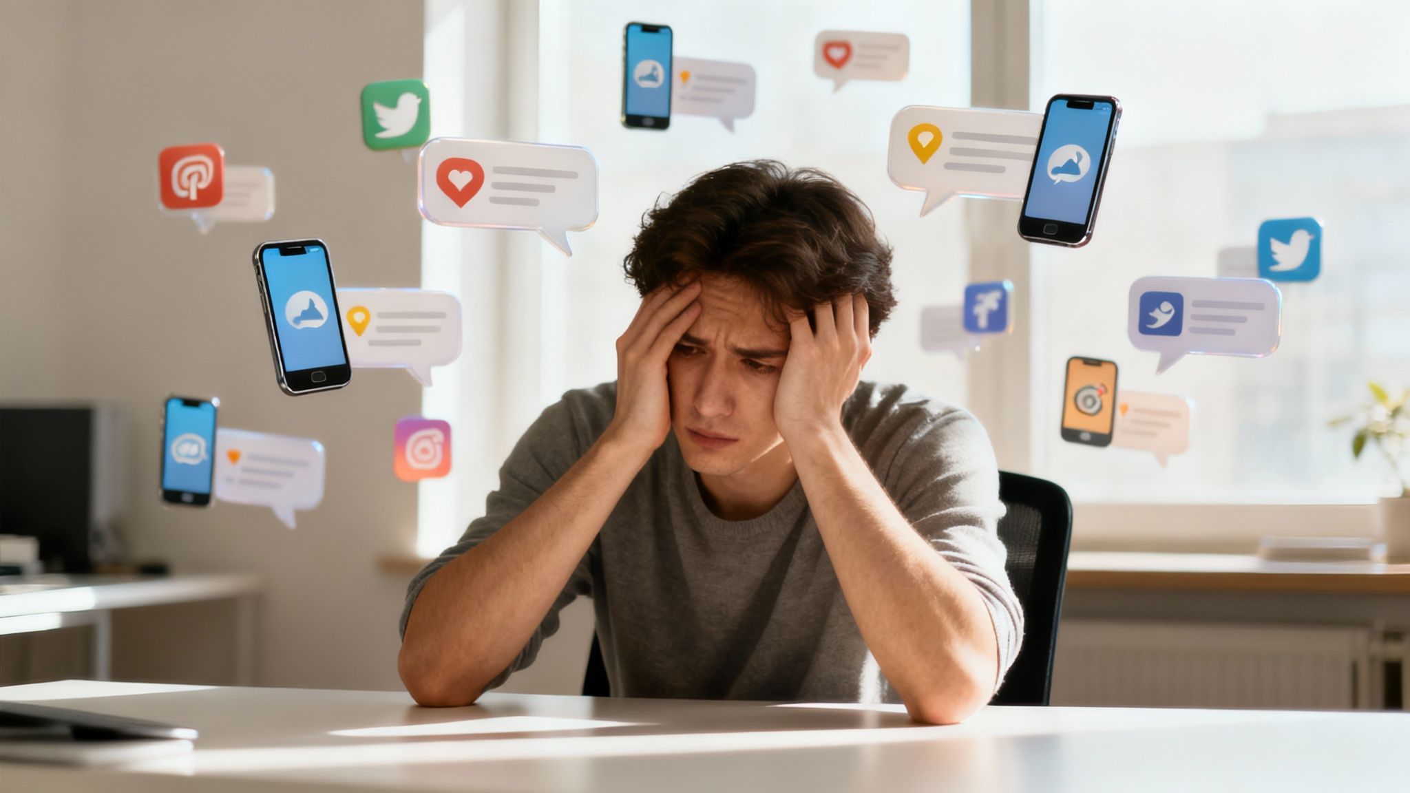A person sitting at a desk with a laptop, looking thoughtful and slightly distracted, with a blurred background suggesting a busy environment.