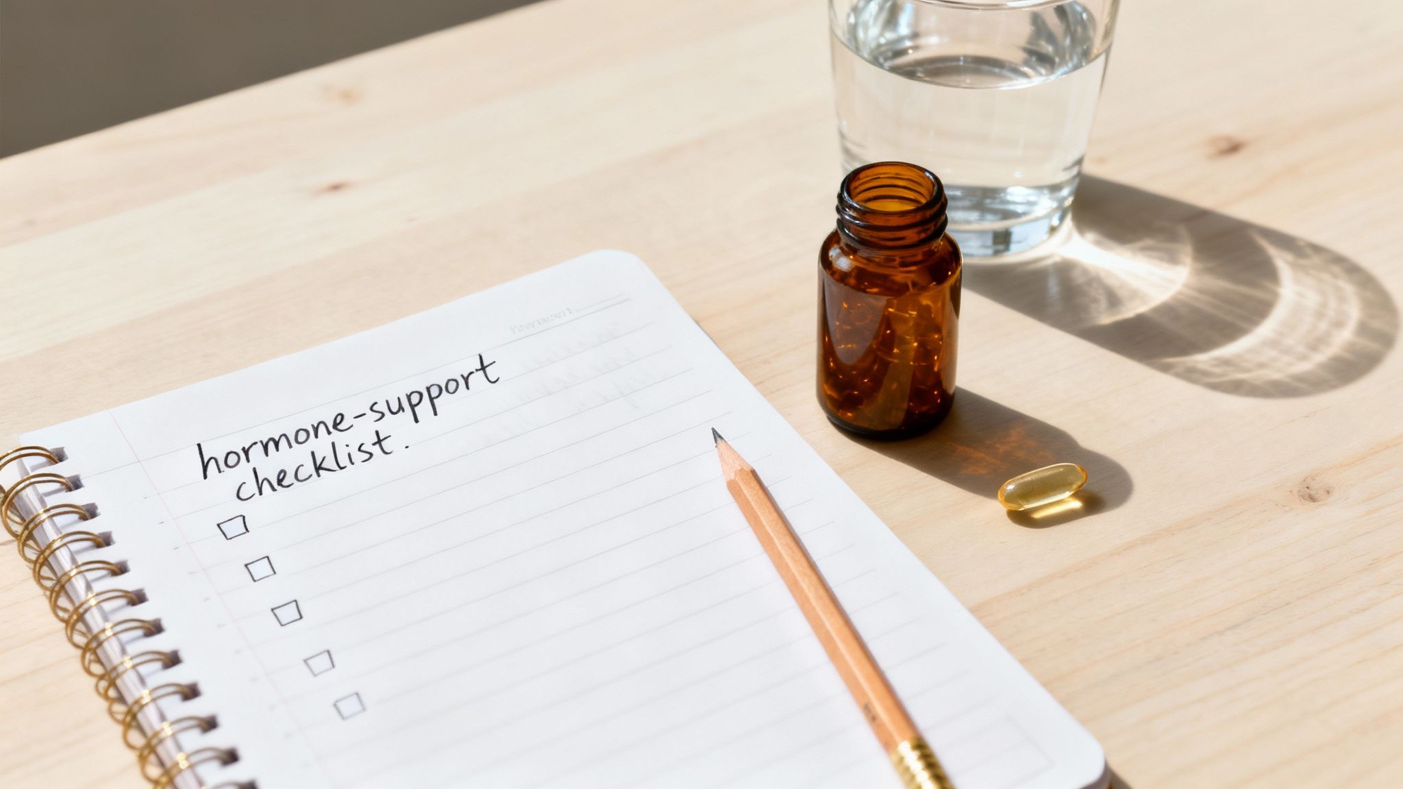 A 'hormone-support checklist' notebook, pencil, supplement bottle, pill, and water on a wooden table.