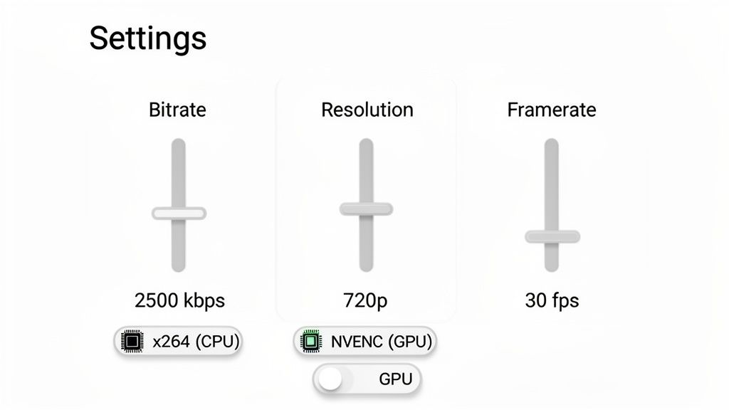 A settings screen displaying sliders for bitrate (2500 kbps), resolution (720p), and framerate (30 fps), with x264 (CPU) and NVENC (GPU) encoder options.