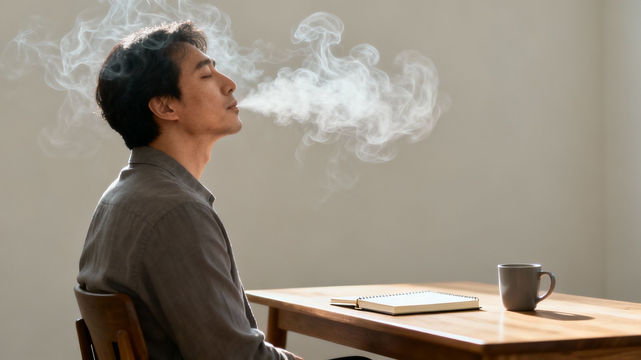 A person sitting on a couch, looking thoughtful and slightly fatigued, representing the feeling of brain fog.
