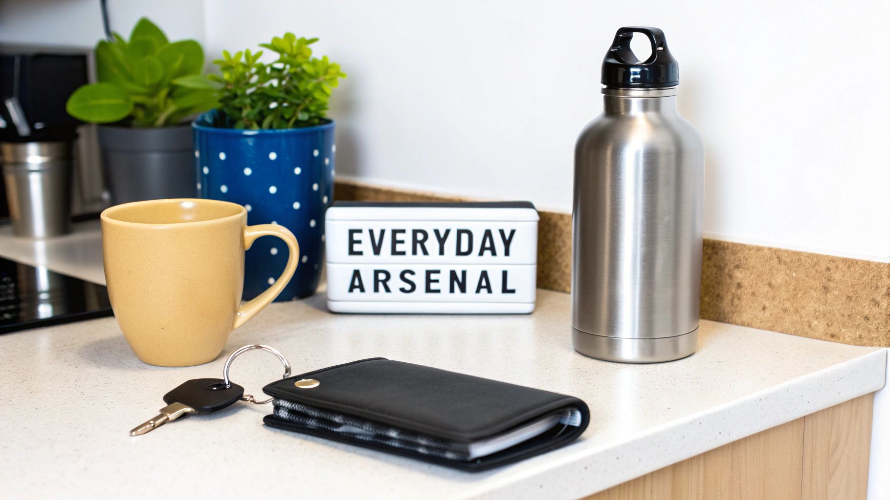 A kitchen counter featuring a mug, potted plants, 'EVERYDAY ARSENAL' light box, water bottle, and keys.
