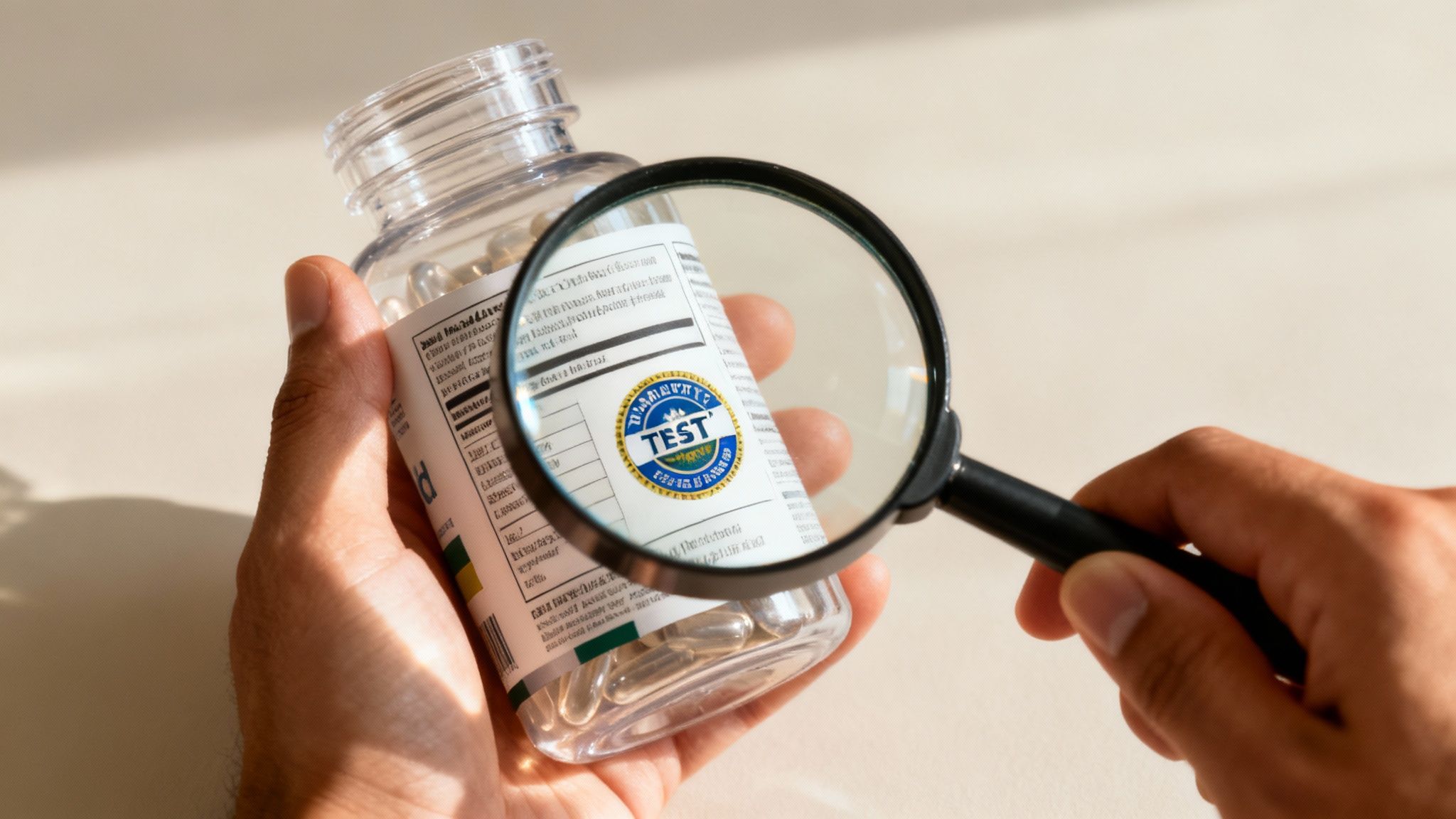 A person holding a supplement bottle and reading the label carefully.