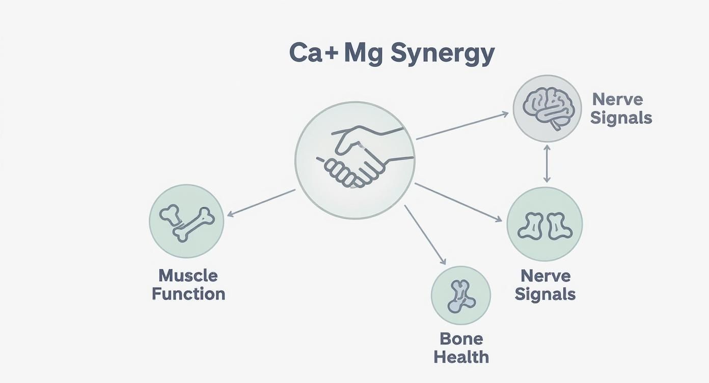 Infographic showing Calcium and Magnesium synergy benefiting muscle function, bone health, and nerve signals.