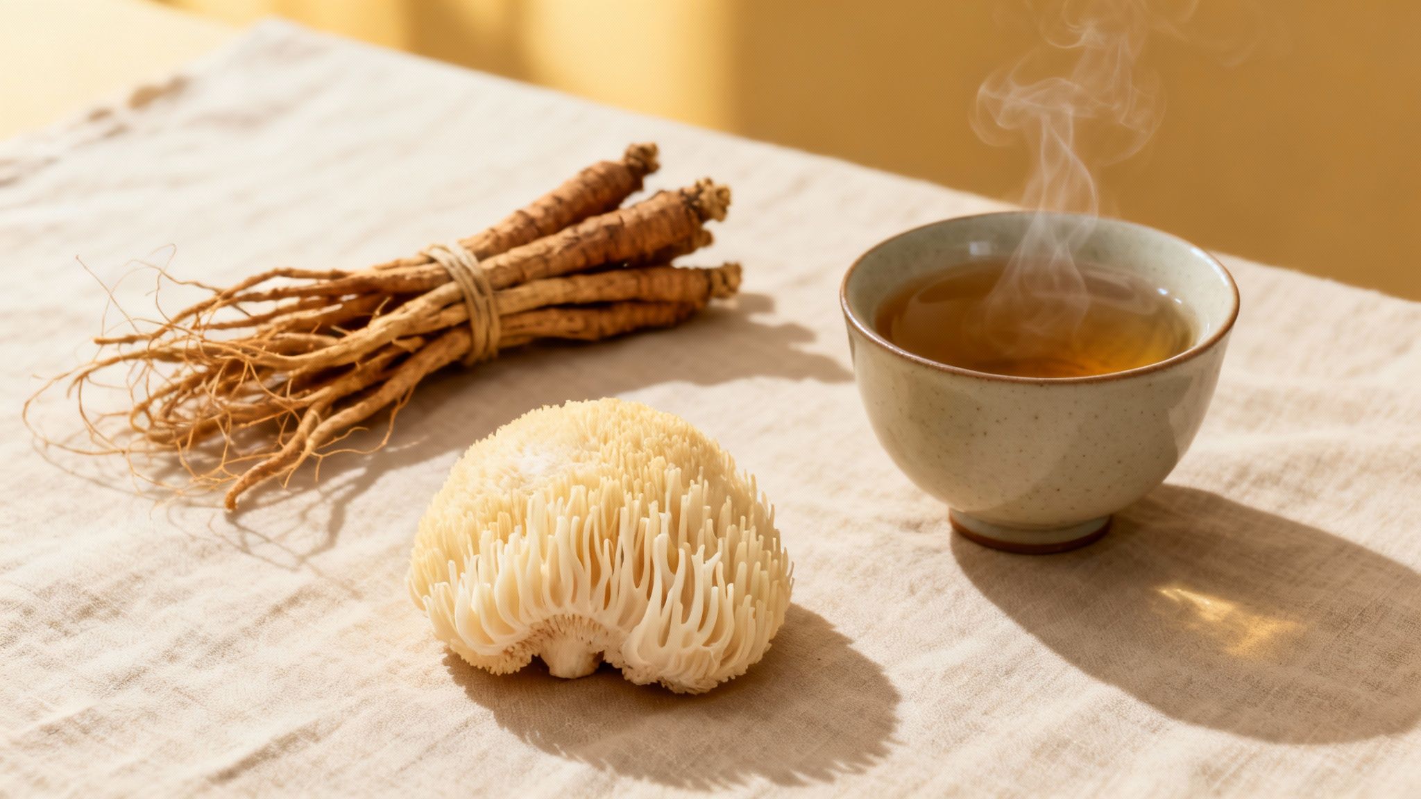 A bundle of ginseng roots, a Lion's Mane mushroom, and a steaming cup of herbal tea.