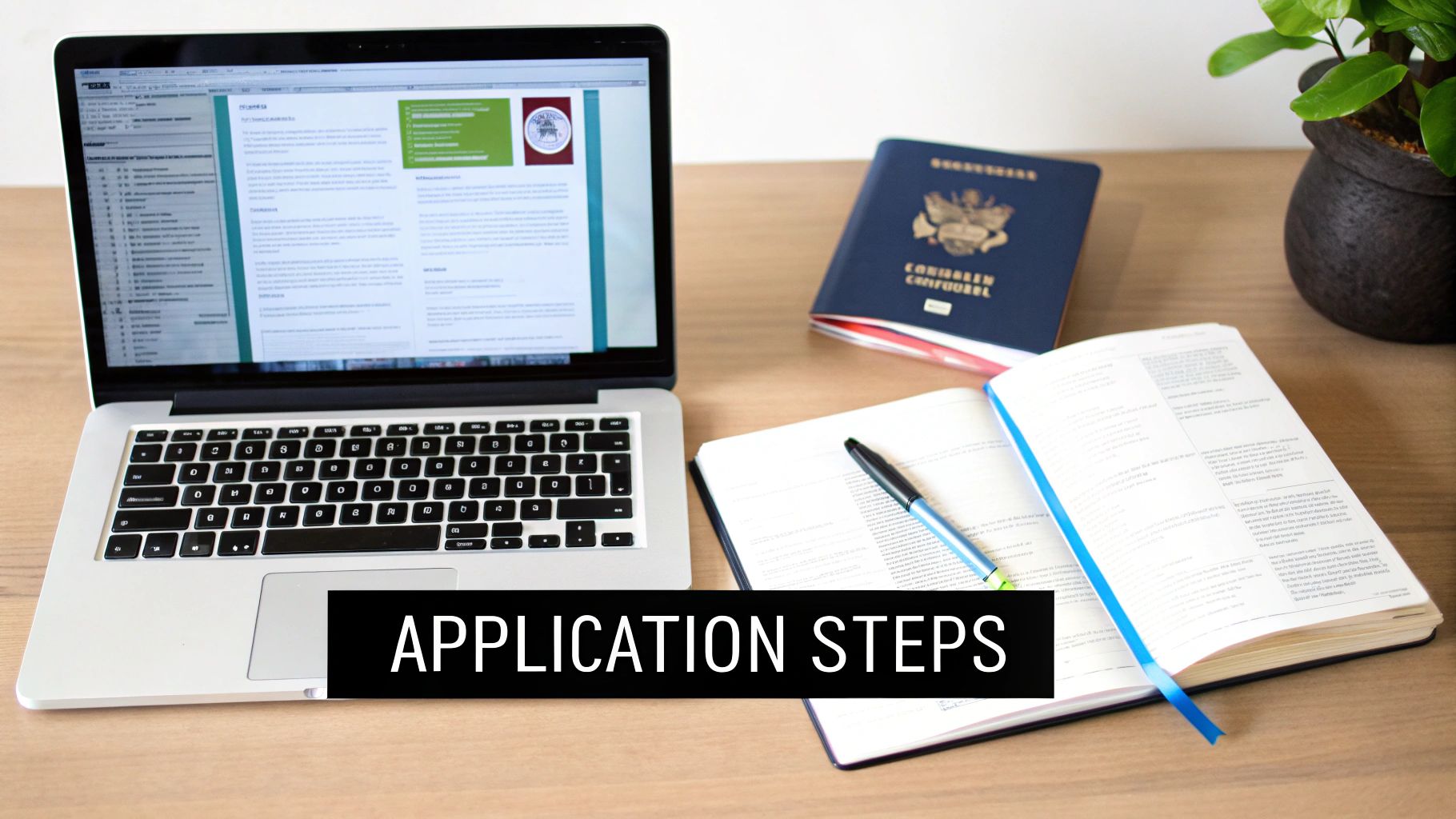 Laptop, passport, and open notebook on a wooden desk, showing 'Application Steps' for a visa.