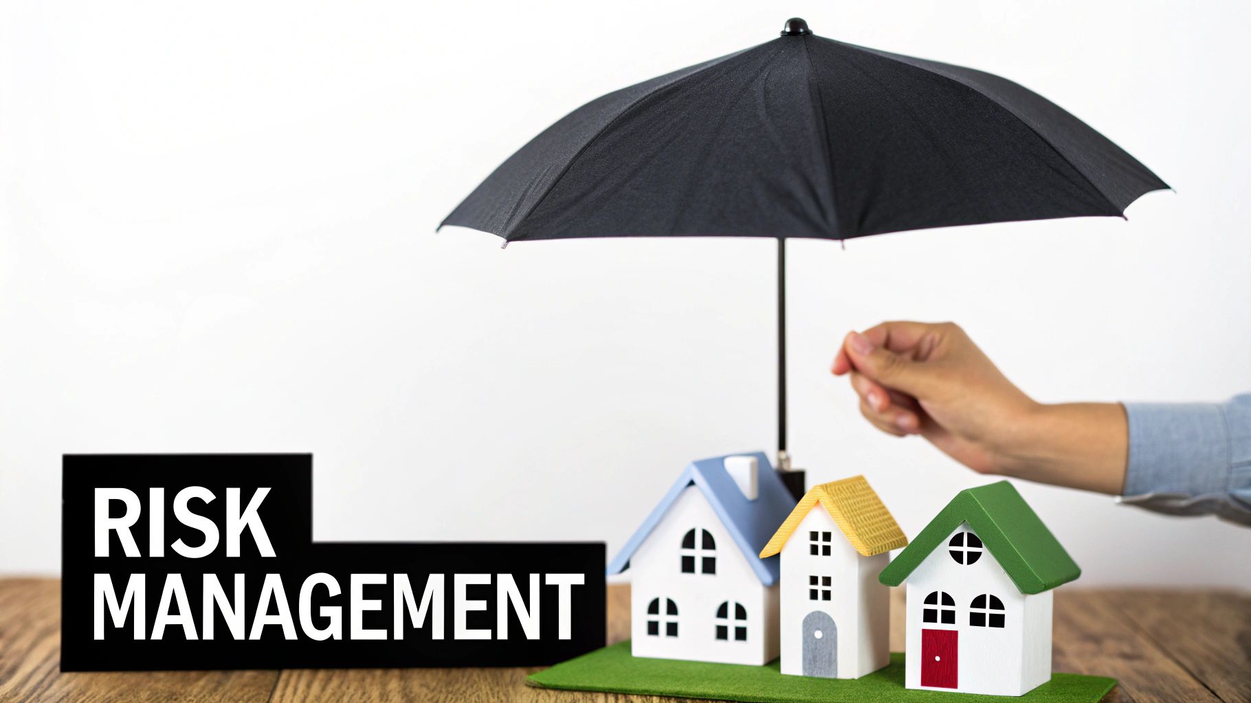 A hand holds an umbrella over miniature houses, symbolizing risk management.
