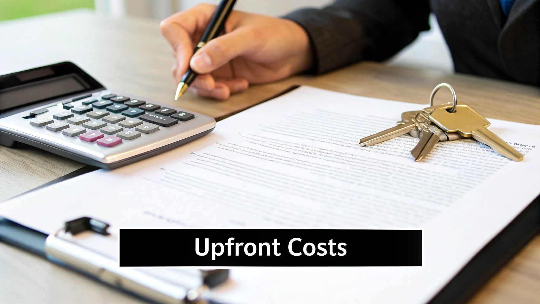 A hand with a pen signing a document next to a calculator, house keys, and 'Upfront Costs' text.