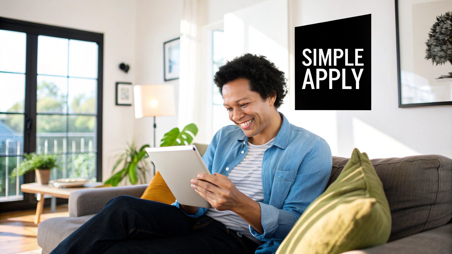 A person sitting at a desk and filling out an application form, looking relaxed and confident.
