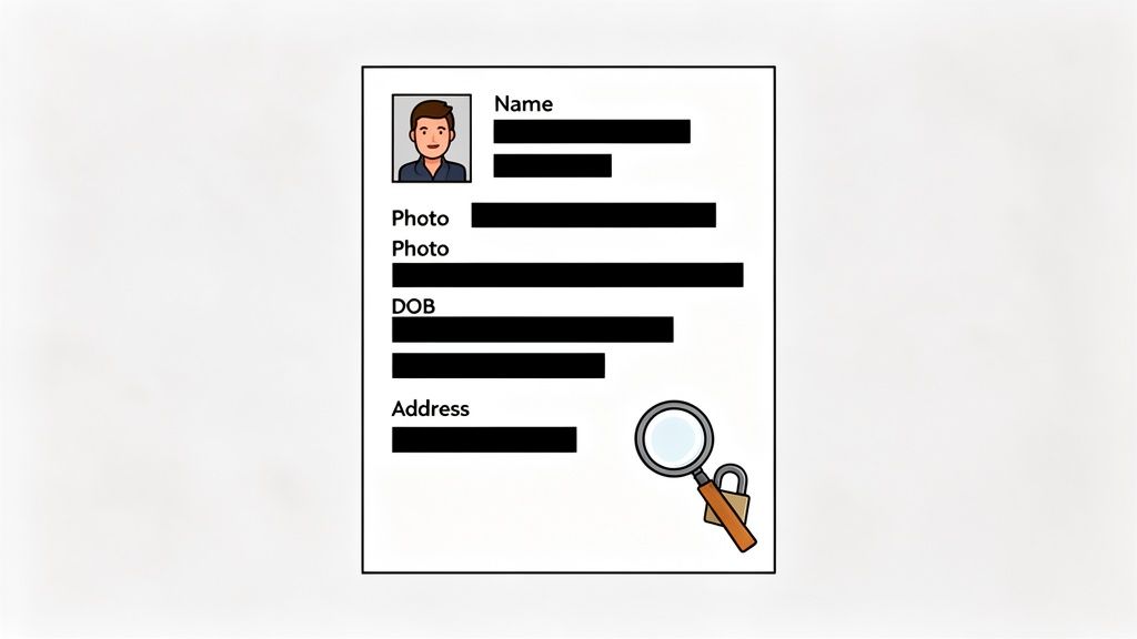Illustration of a document with personal details, redacted for privacy, emphasizing identity verification with a magnifying glass and padlock.