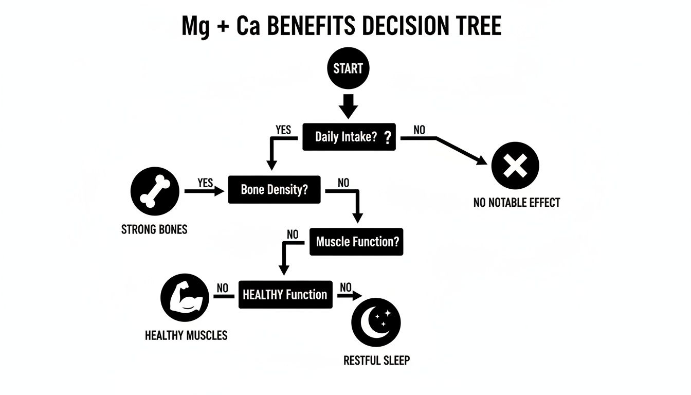 Decision tree illustrating the health benefits of magnesium and calcium, including strong bones, healthy muscles, and restful sleep.