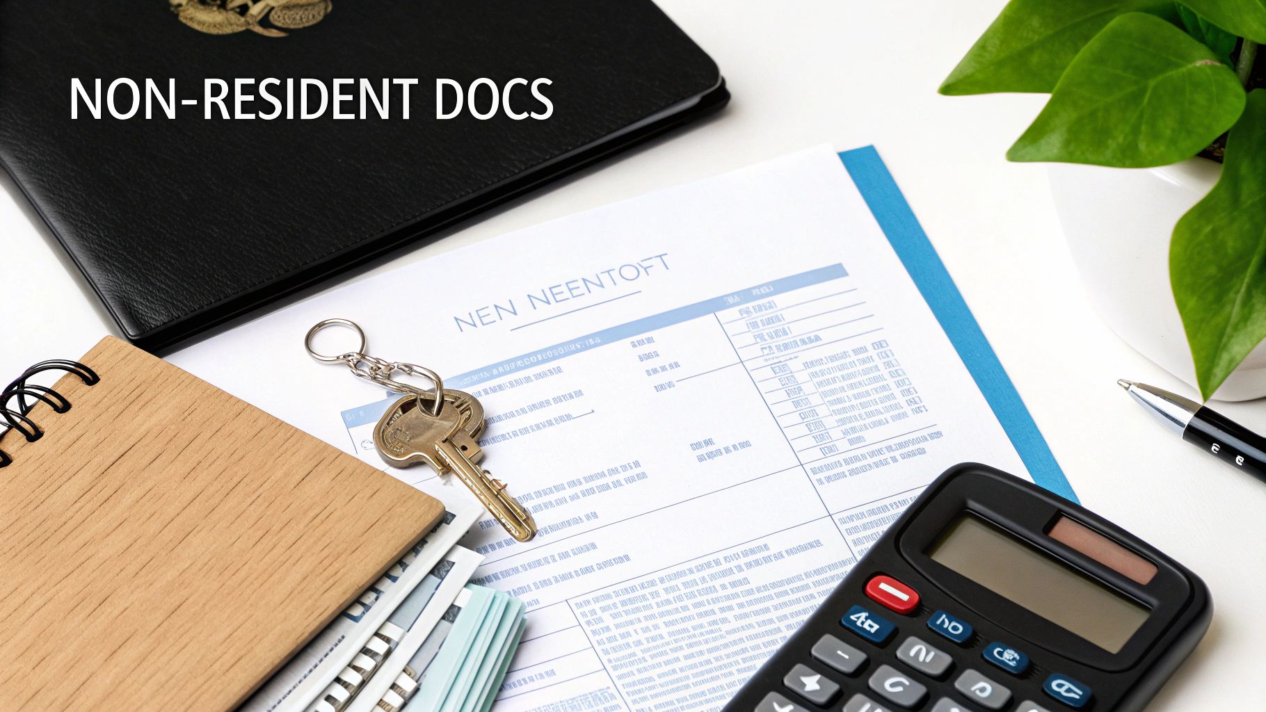 A desk with documents for non-residents, a calculator, money, and a key, symbolizing financial planning.