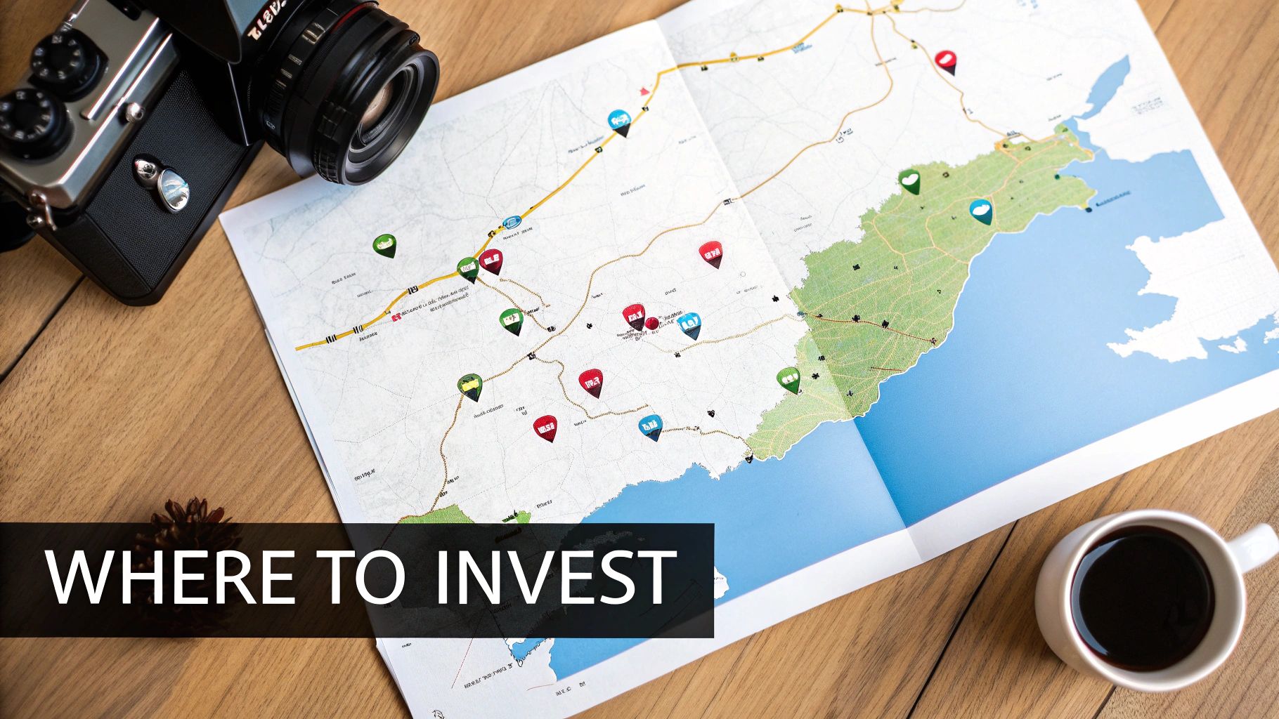 Overhead view of a map with colorful pins, a camera, and coffee cup, for investment planning.