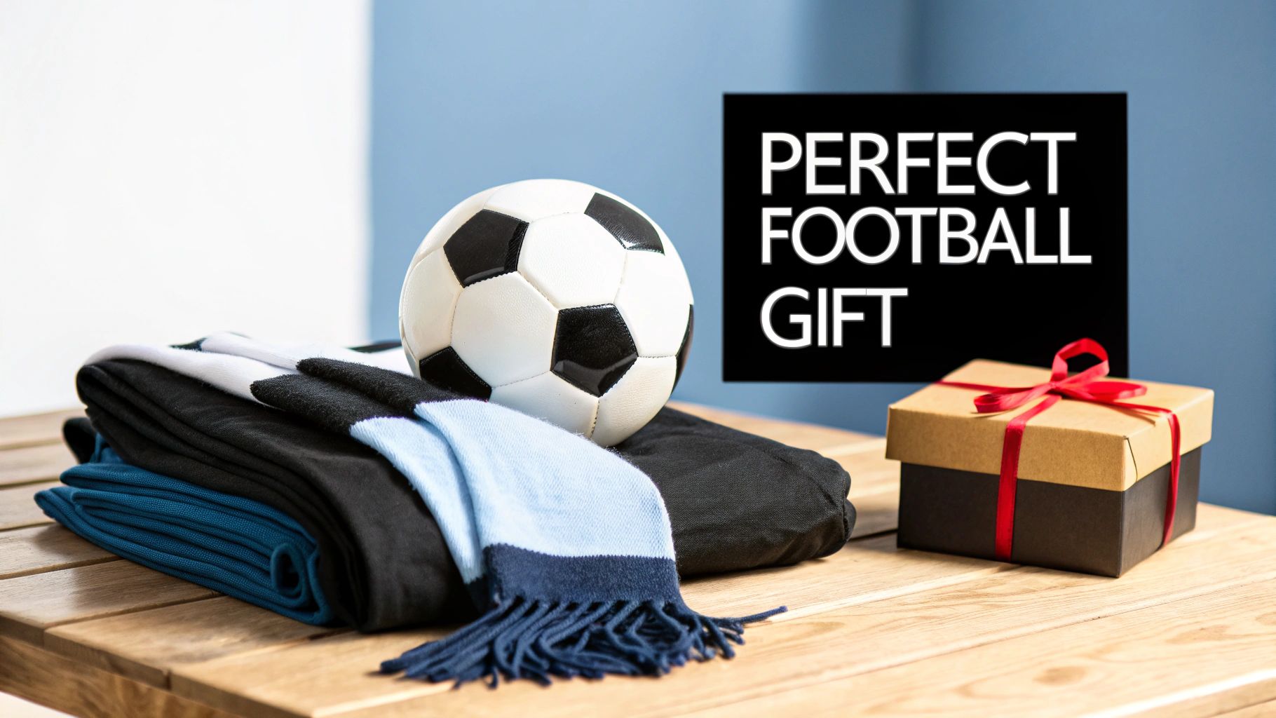 A soccer ball, striped scarf, folded clothes, and a gift box on a wooden table, with text 'PERFECT FOOTBALL GIFT'.