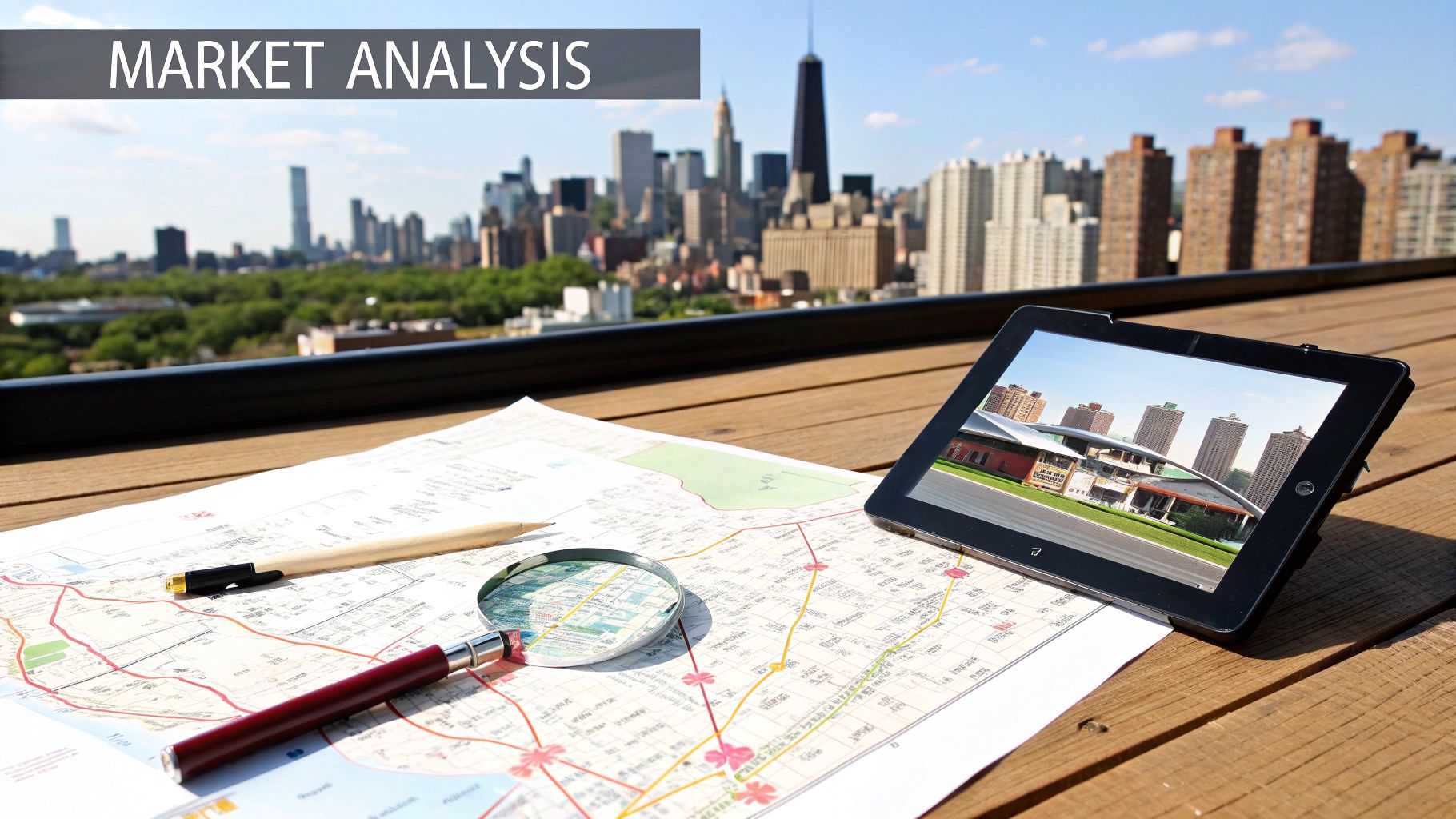 A market analysis setup with a map, tablet displaying buildings, and city skyline in the background on a wooden surface.