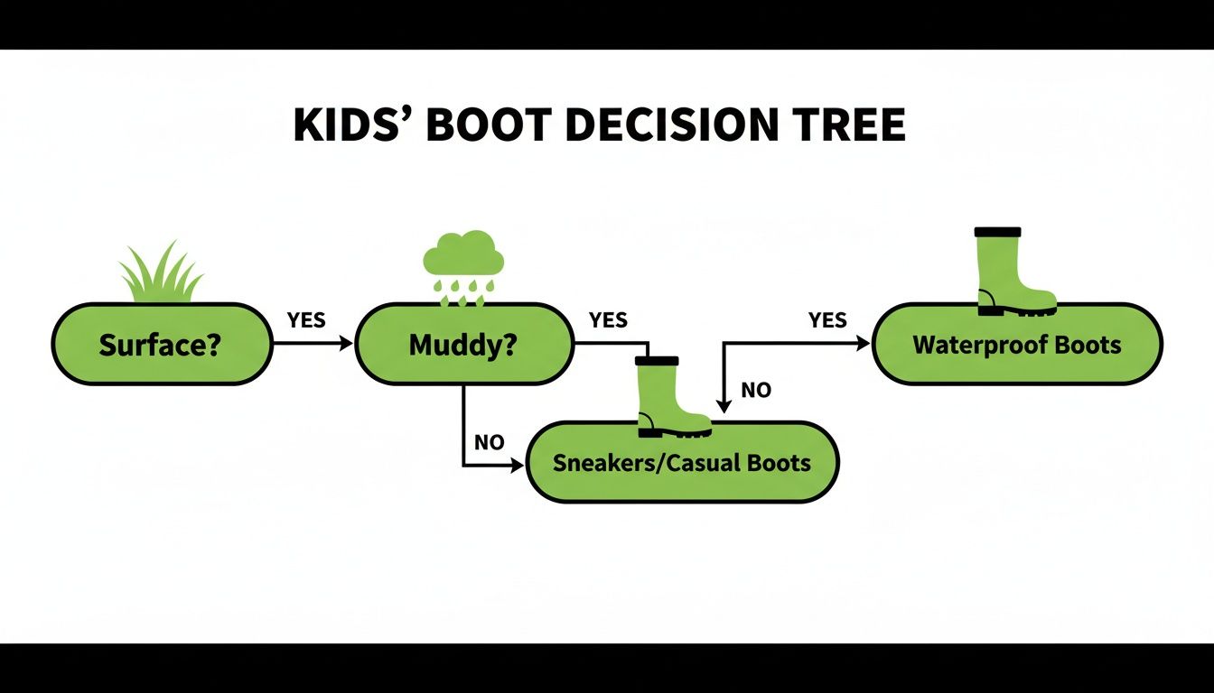 Kids' boot decision tree flowchart helps choose between sneakers, casual, and waterproof boots based on surface and muddy conditions.