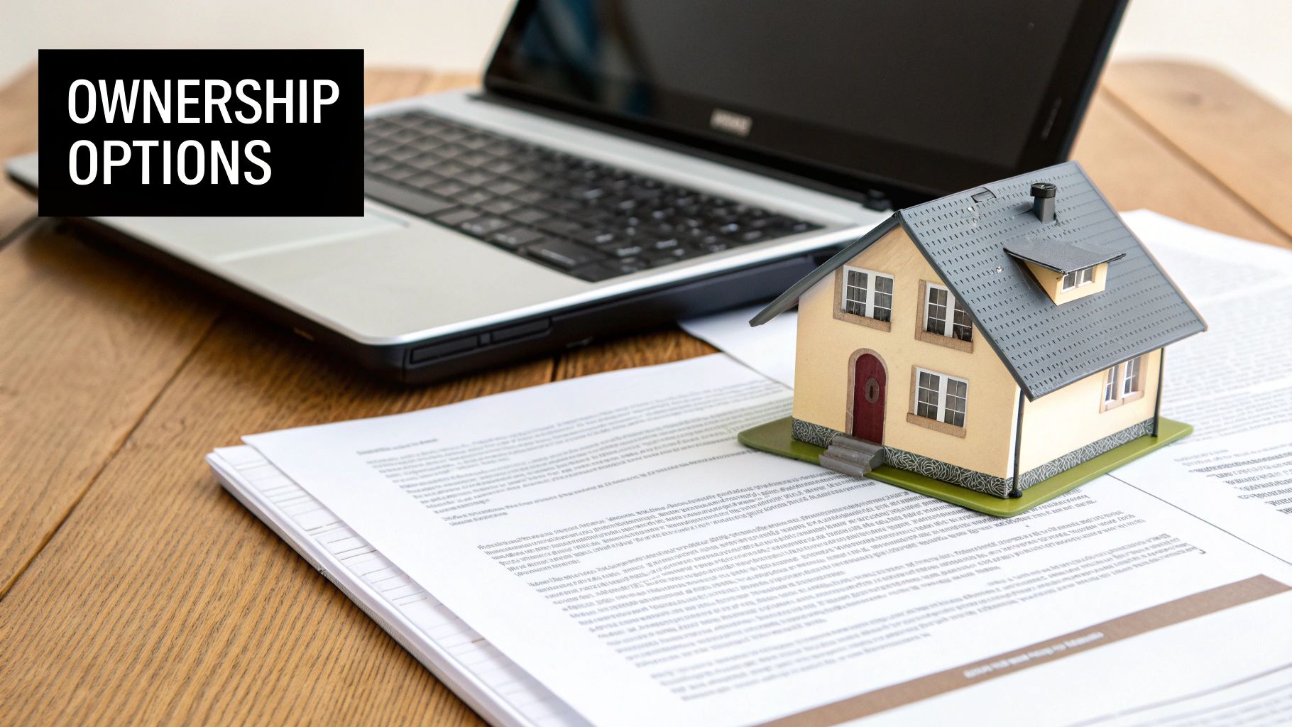 A miniature house, laptop, and documents on a wooden desk with 'OWNERSHIP OPTIONS' text.