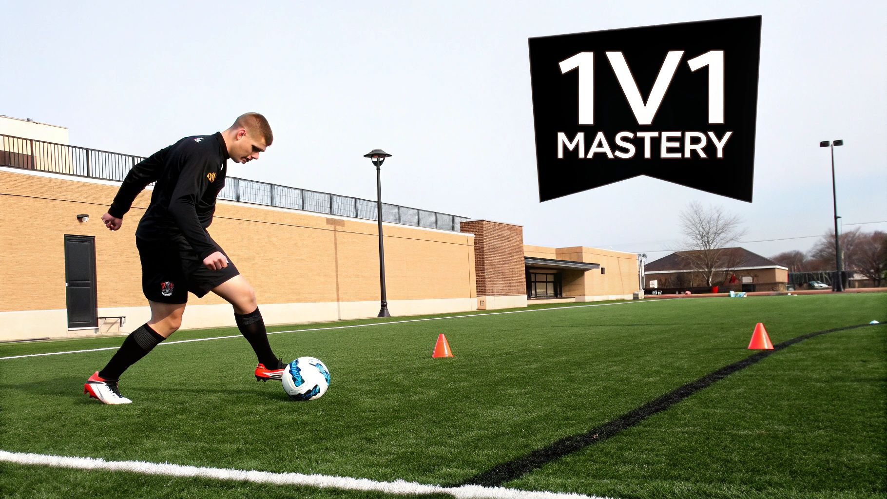 Young male soccer player in black uniform practices dribbling with a ball on a green turf field.