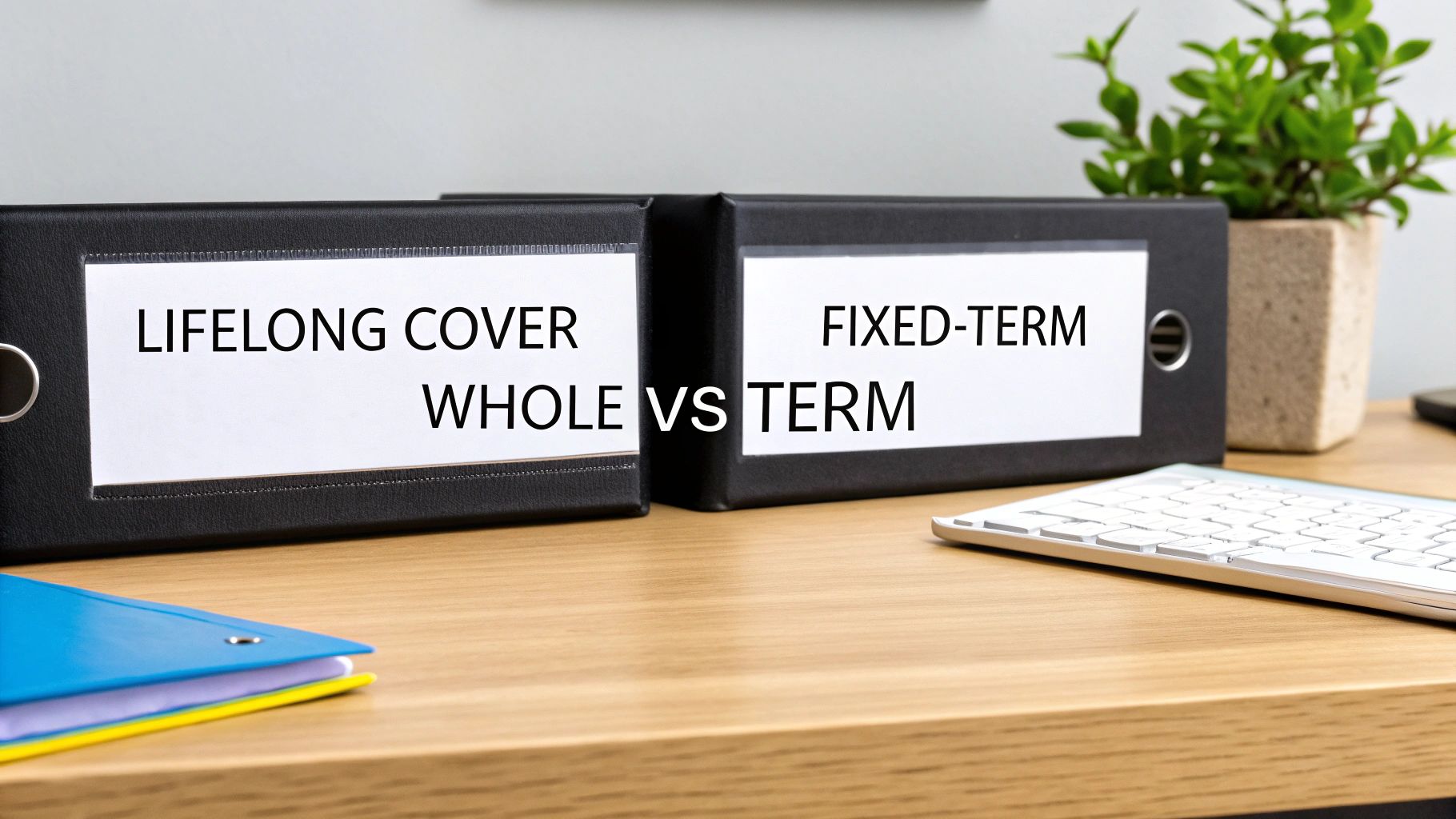 A visual comparison of whole life versus term life insurance, symbolised by a permanent and a temporary structure.