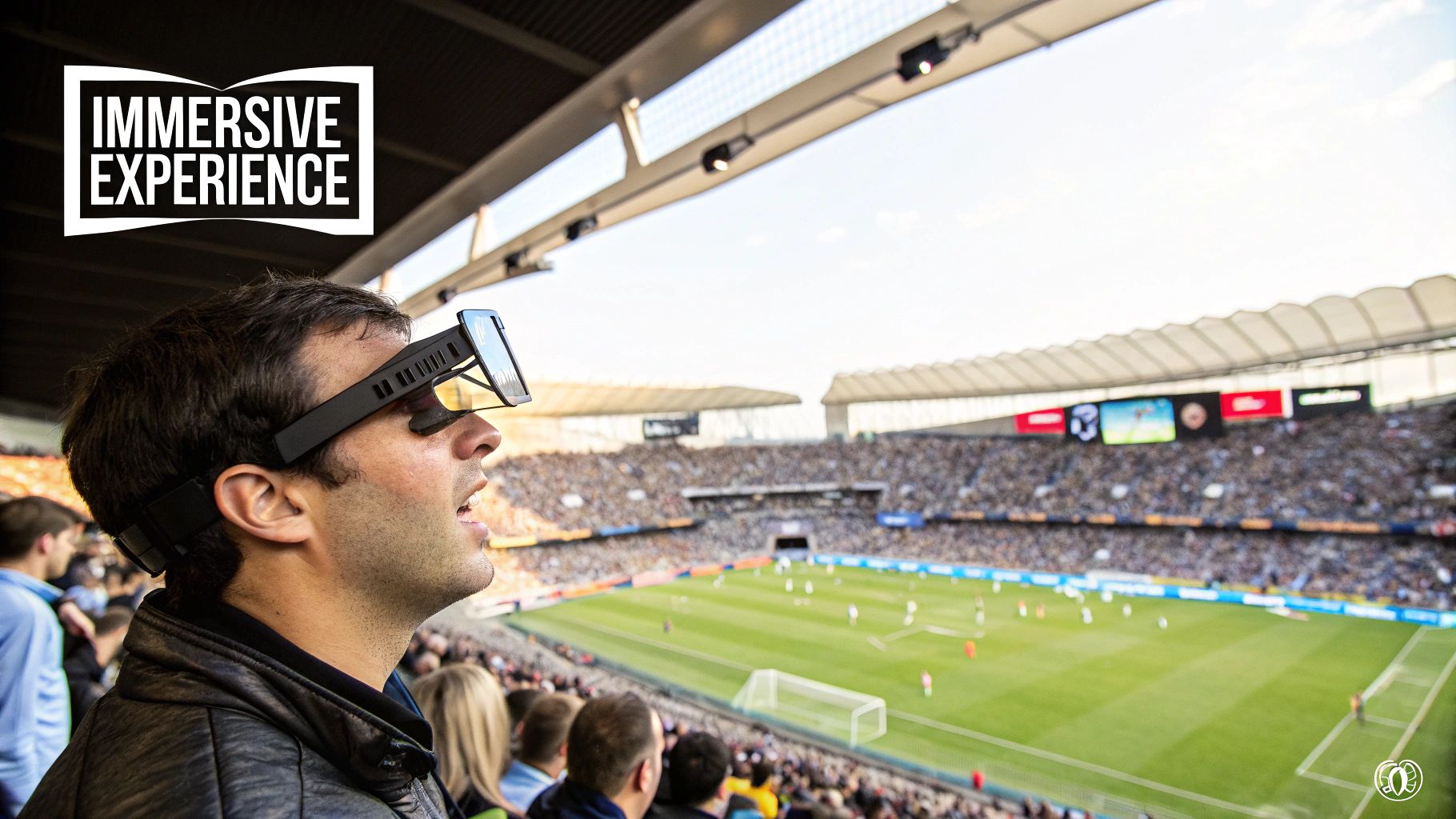 Fans in a futuristic stadium looking at augmented reality overlays on the football pitch.