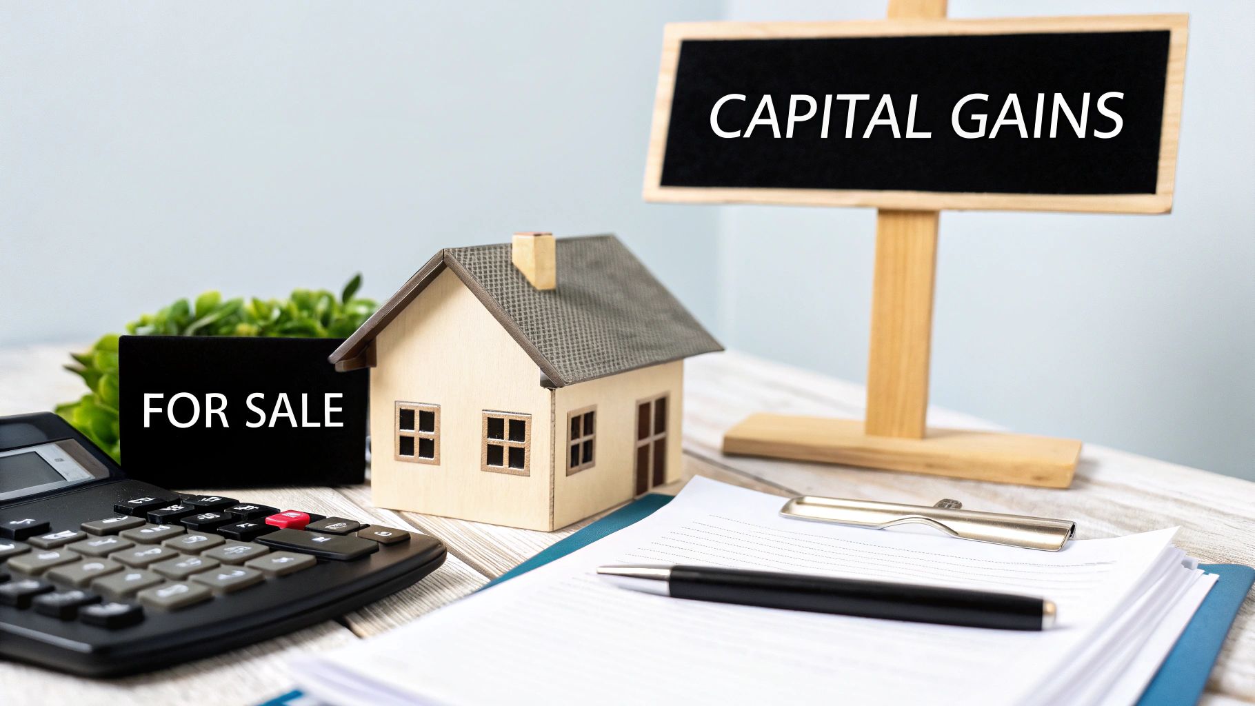 A miniature house, calculator, and signs displaying 'FOR SALE' and 'CAPITAL GAINS' in a real estate financial context.