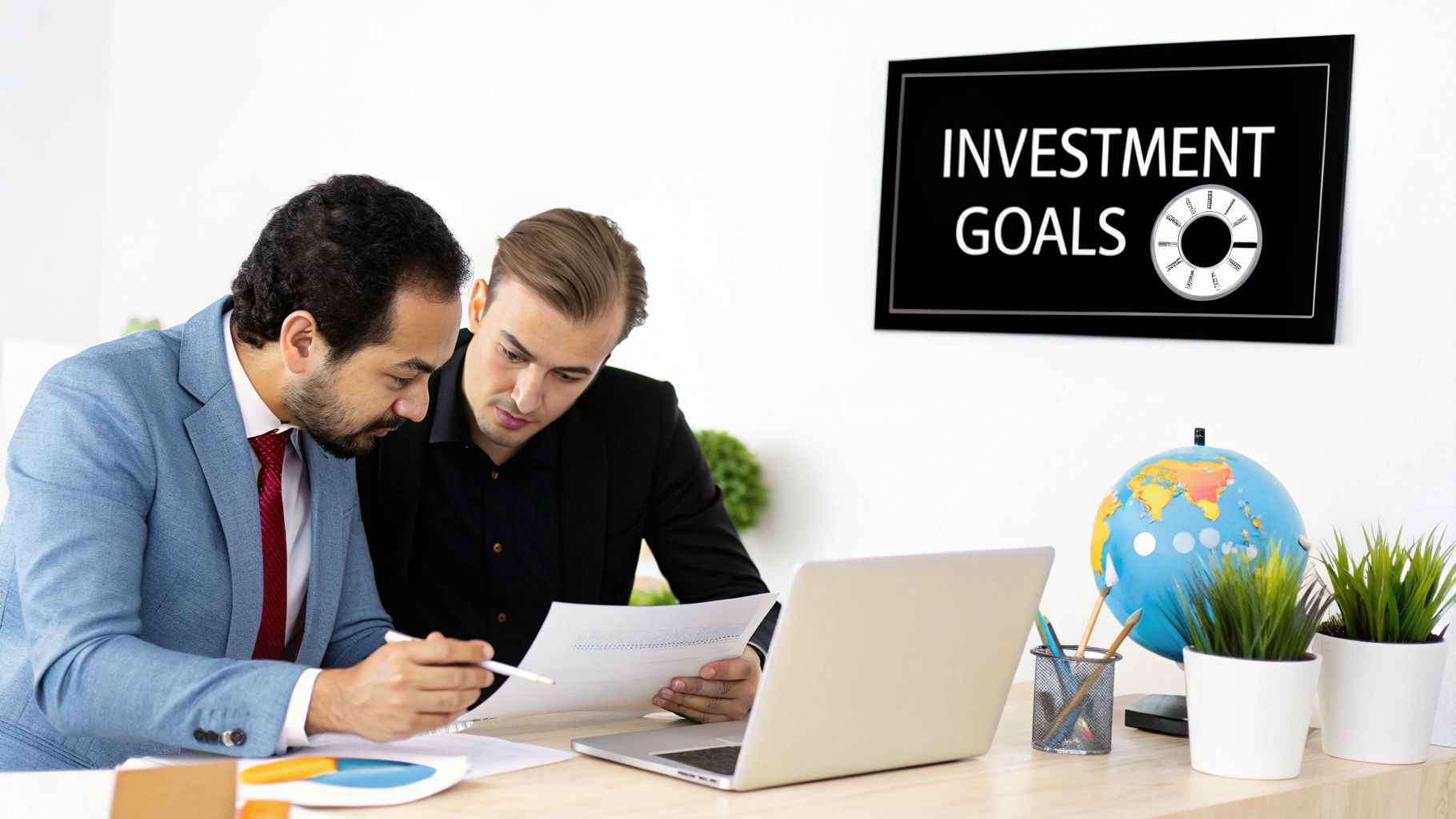 Two male business professionals discussing investment goals, reviewing documents and a laptop in an office.