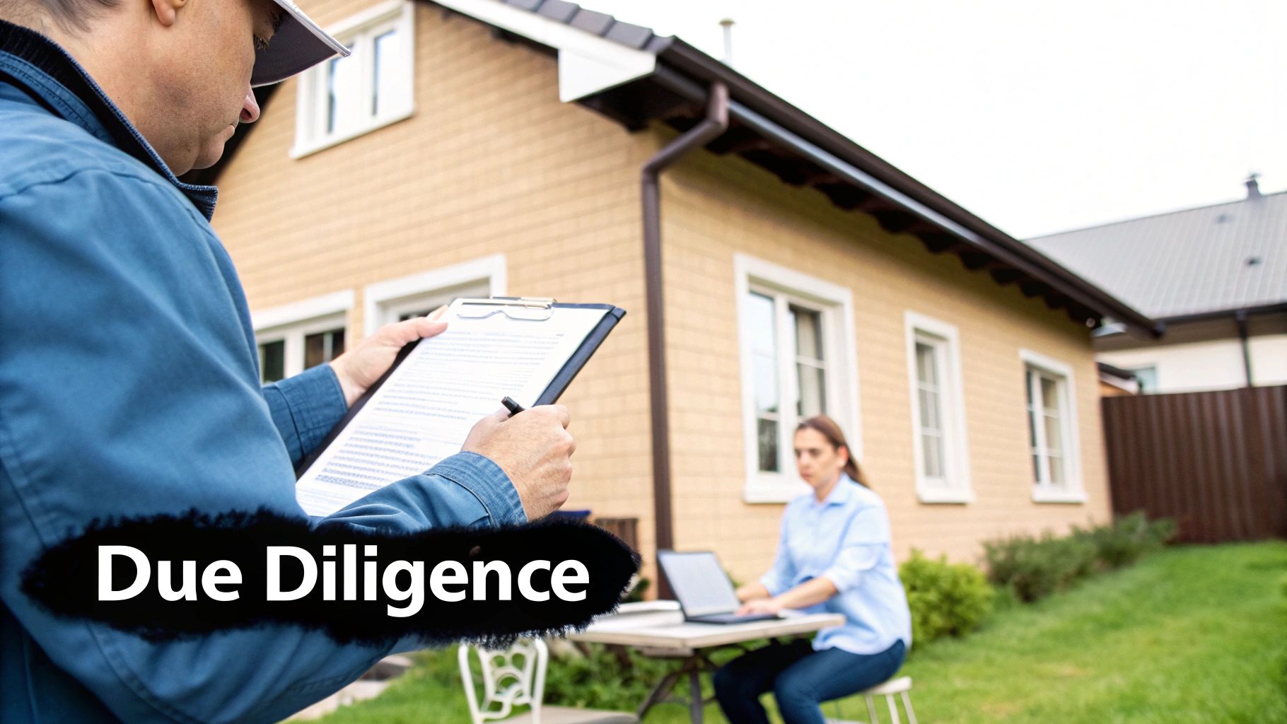 A man performs due diligence, inspecting a house with a clipboard, while a woman works on a laptop nearby.