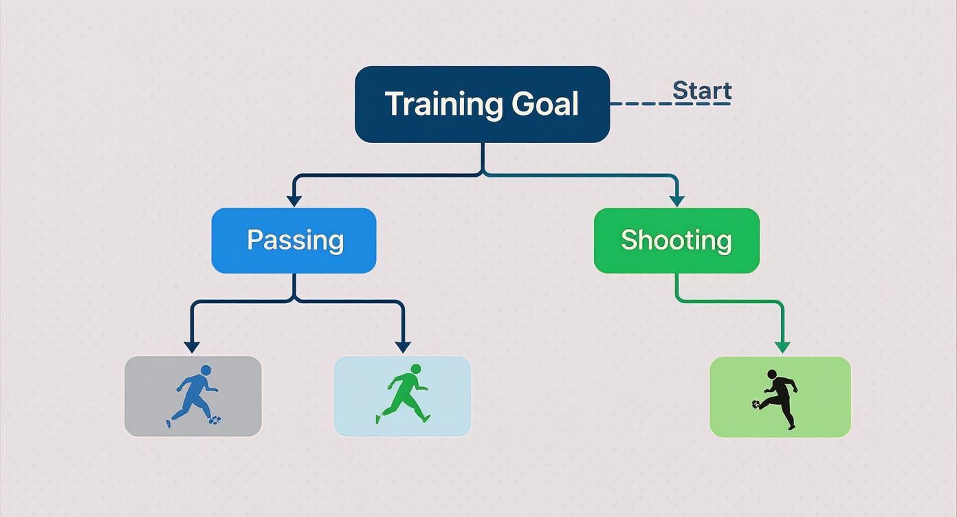 A flowchart showing a training goal divided into passing and shooting skills, with associated player icons.