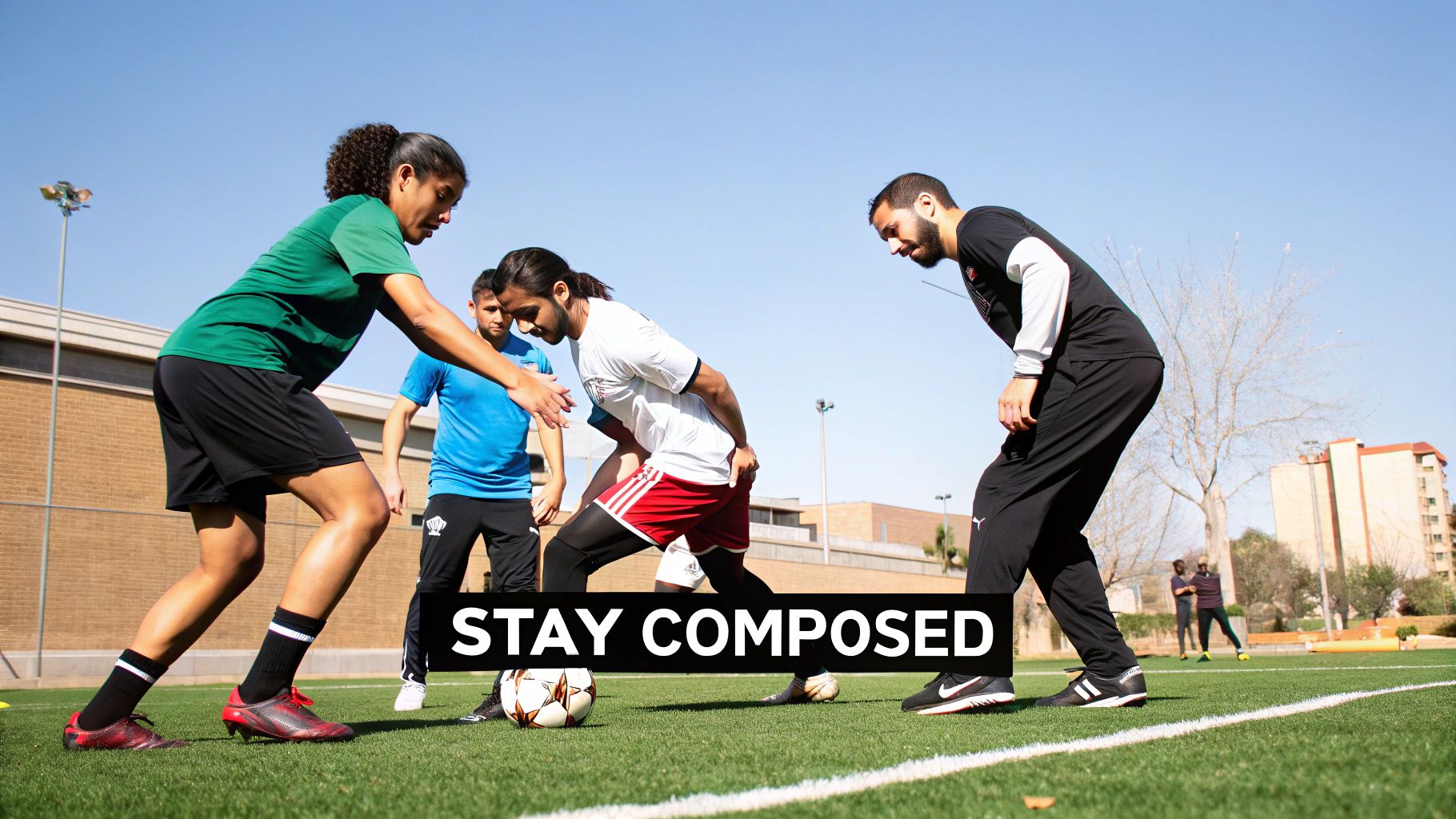 Group of athletes playing soccer on a turf field under a clear blue sky, focused on the ball.