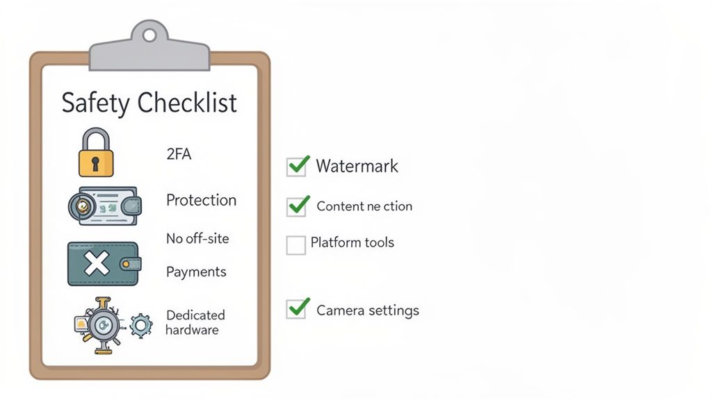 A clipboard with a 'Safety Checklist' including items like 2FA, protection, watermarks, and camera settings.