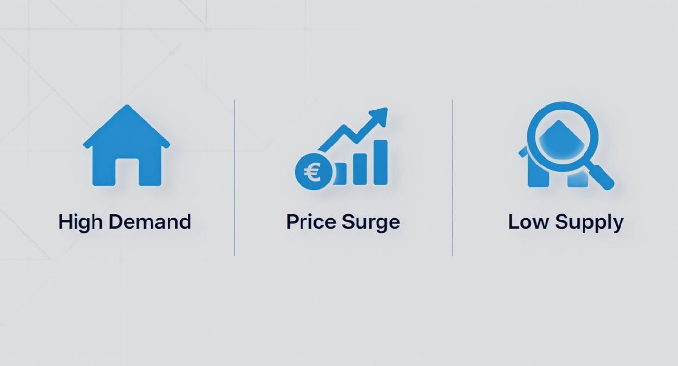 Icons illustrating high demand for houses, a Euro price surge graph, and low housing supply.