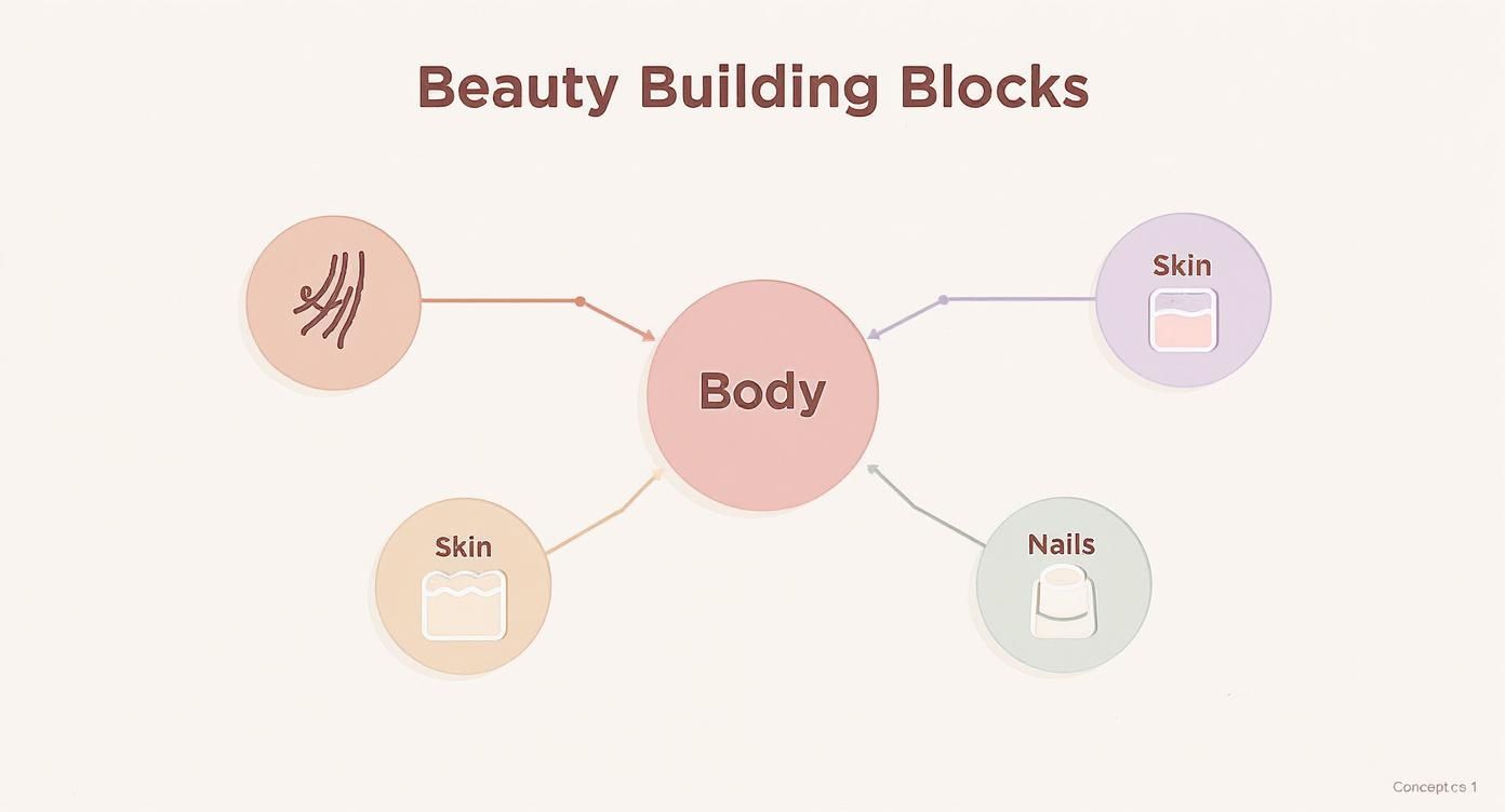 A diagram titled 'Beauty Building Blocks' with 'Body' at the center, connecting to icons representing hair, skin, and nails.