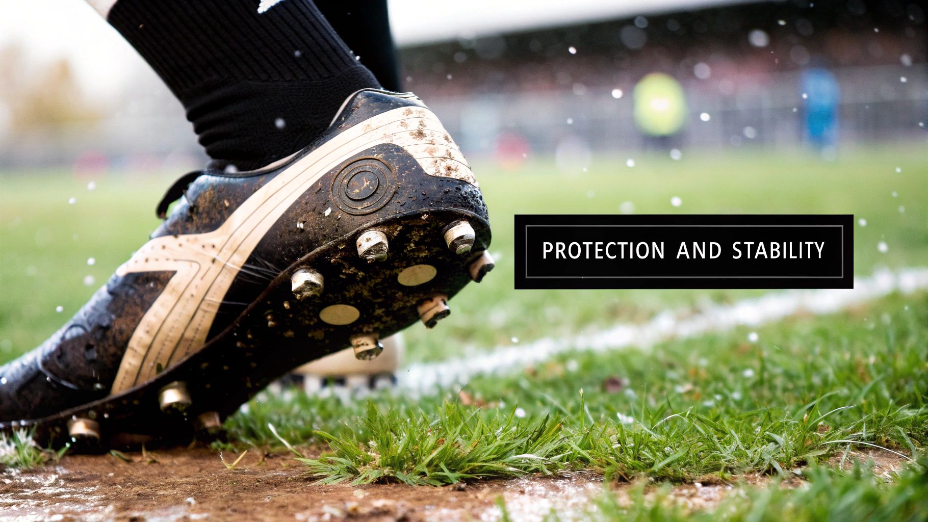 Close-up of a muddy black and beige soccer boot on a wet, grassy field with falling snow.
