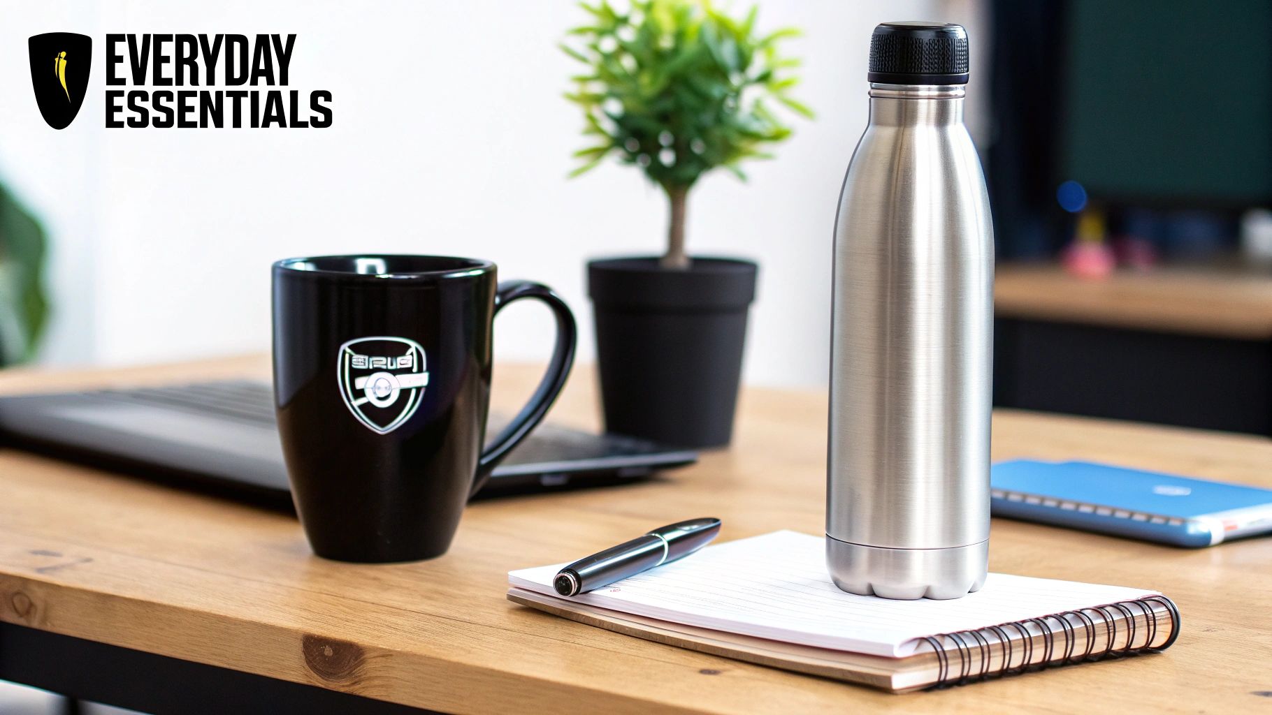 A minimalist desk setup with a black mug, silver water bottle, pen, and notebook.