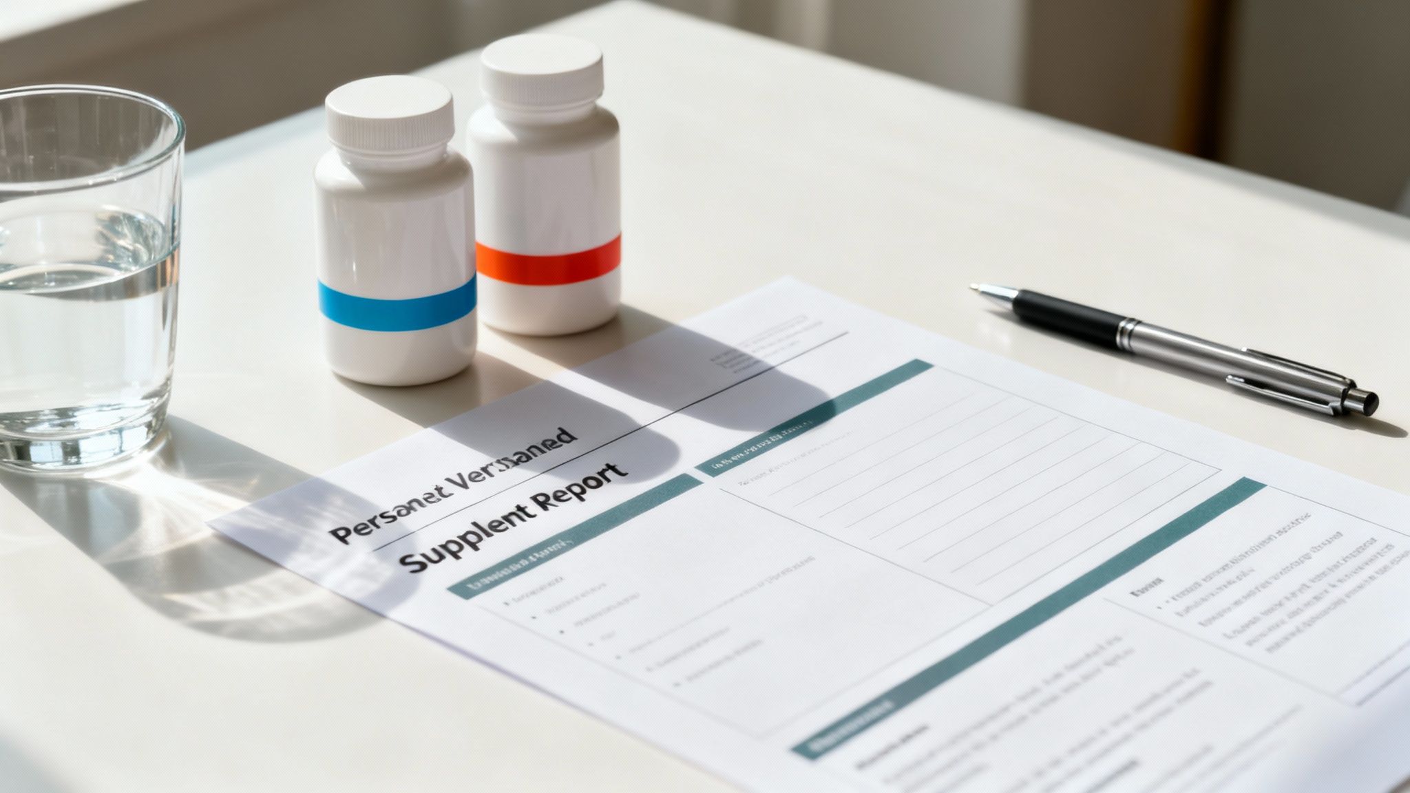 Supplement bottles, a glass of water, and a health report on a table, illustrating a wellness routine.