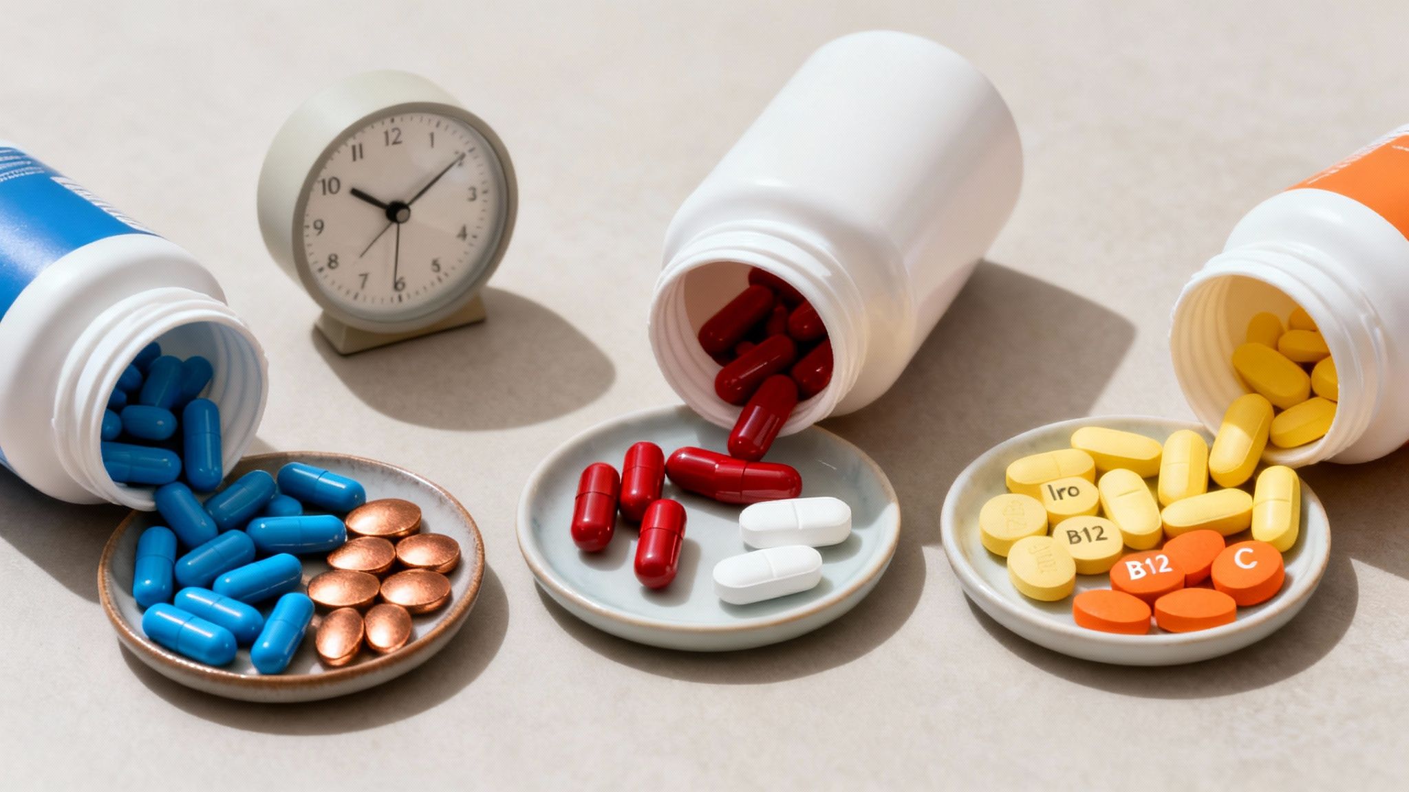 Various bottles of colorful vitamins and supplements on plates, next to an alarm clock.