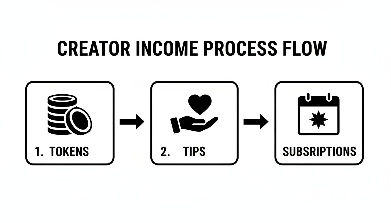 A visual flow diagram showing the Creator Income Process with three steps: Tokens, Tips, and Subscriptions.